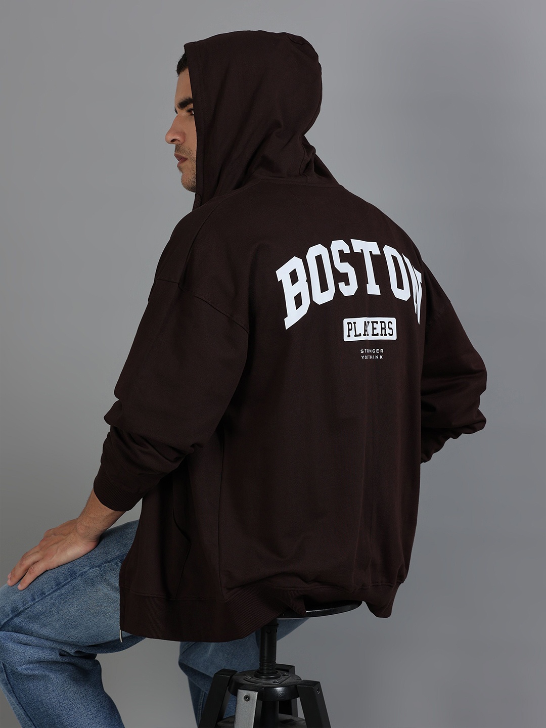 

SILISOUL Typography Printed Hooded Oversized Fit Pure Cotton Sweatshirt, Brown