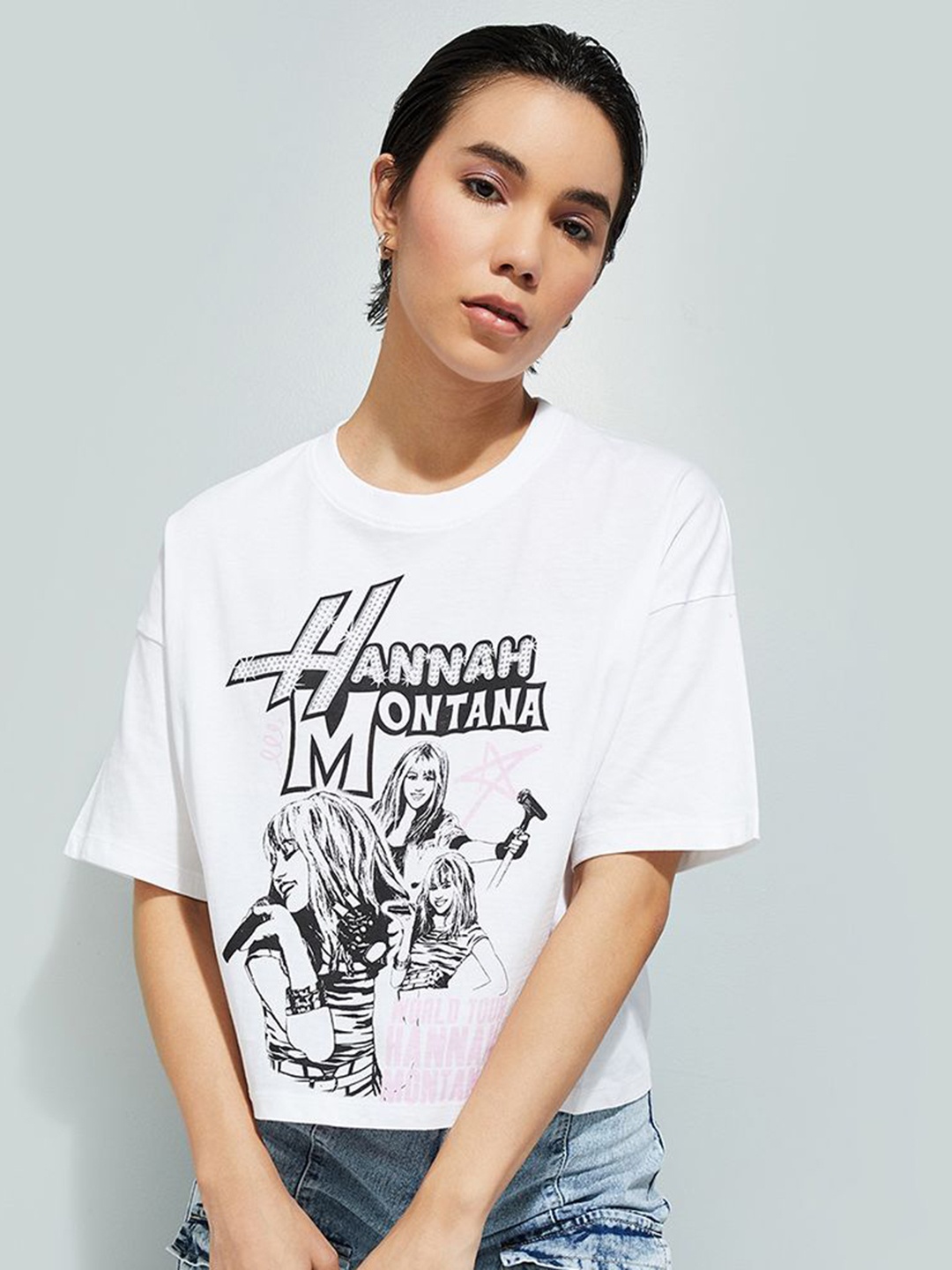 

MAX URB_N Women Hannah Montana Print Boxy Fit T-shirt, White