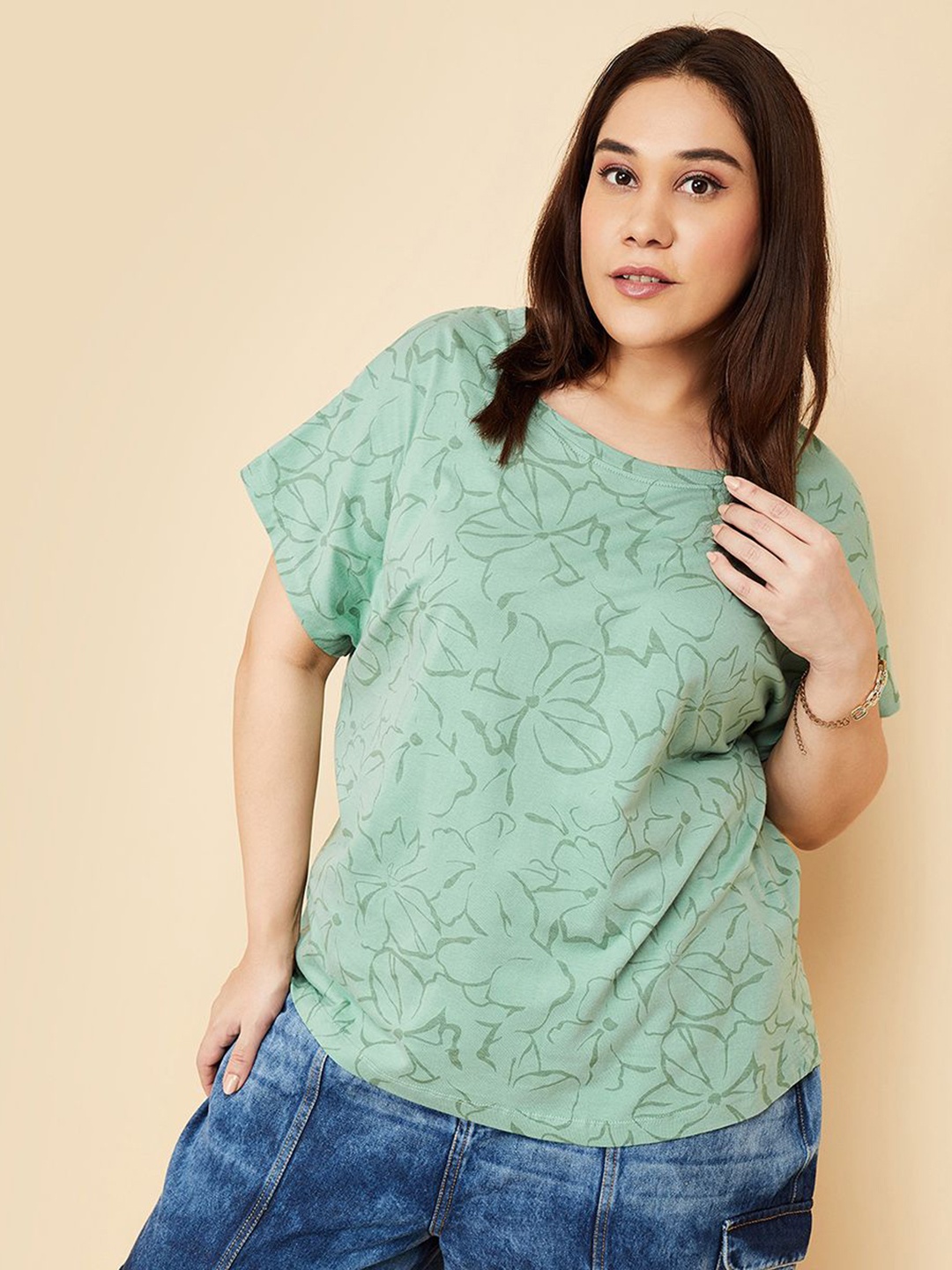 

max Women Plus Size Floral Printed Round Neck Cotton T-shirt, Green