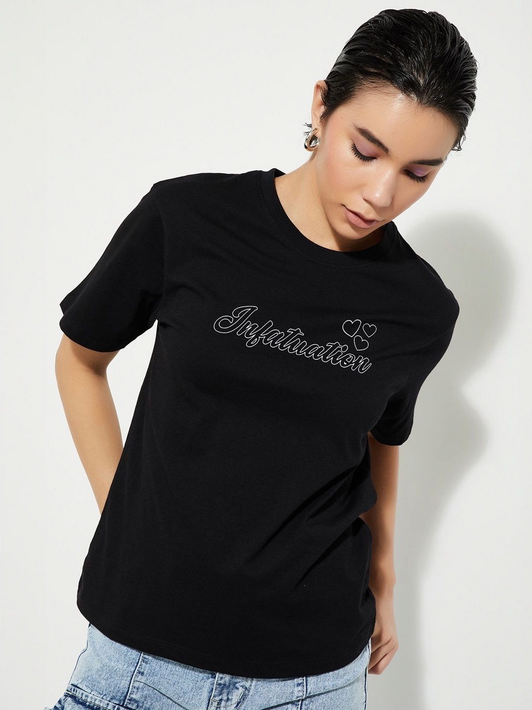 MAX URB_N Women Relaxed Fit Back Printed T-shirt, Black