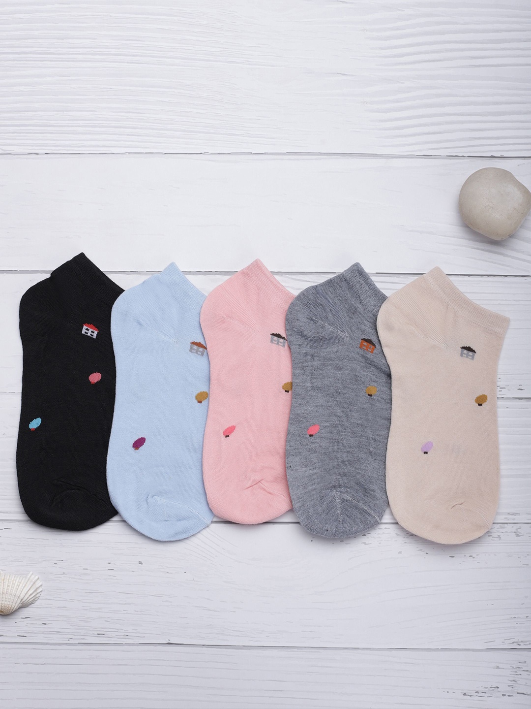 

Zalima Women Pack Of 5 Patterned Pure Cotton Ankle-Length Socks, Blue