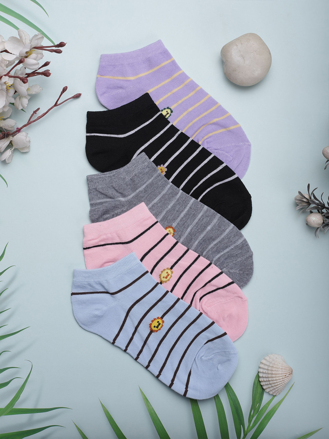 

Zalima Women Pack Of 5 Striped Pure Cotton Ankle-Length Socks, Black