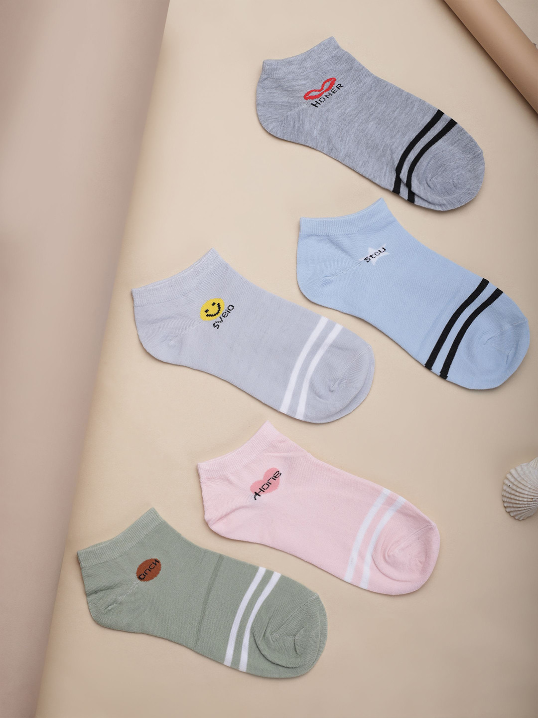 

Zalima Women Pack Of 5 Striped Pure Cotton Ankle-Length Socks, Grey