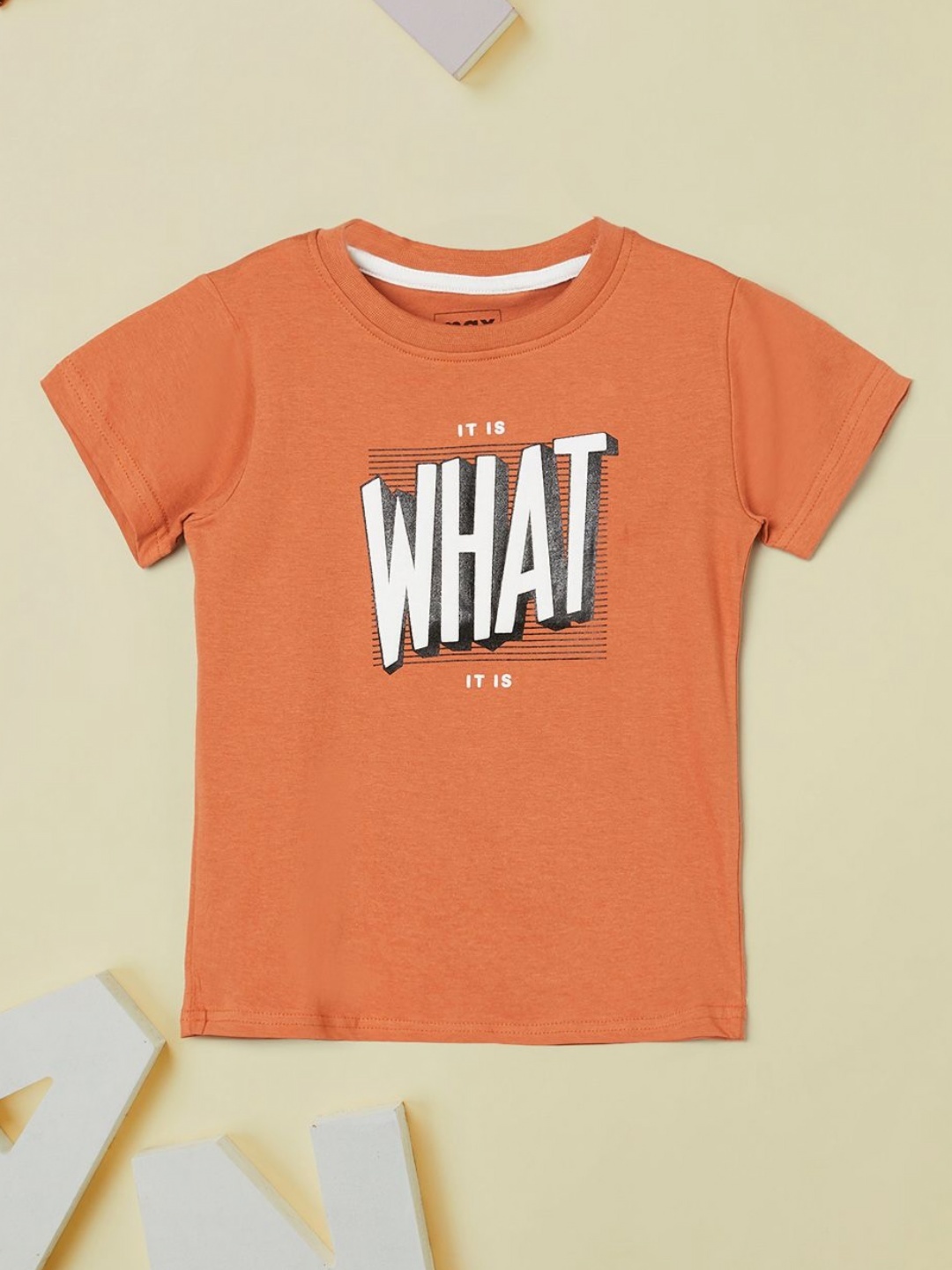 

max Boys Typography Printed Round Neck Cotton T-shirt, Orange
