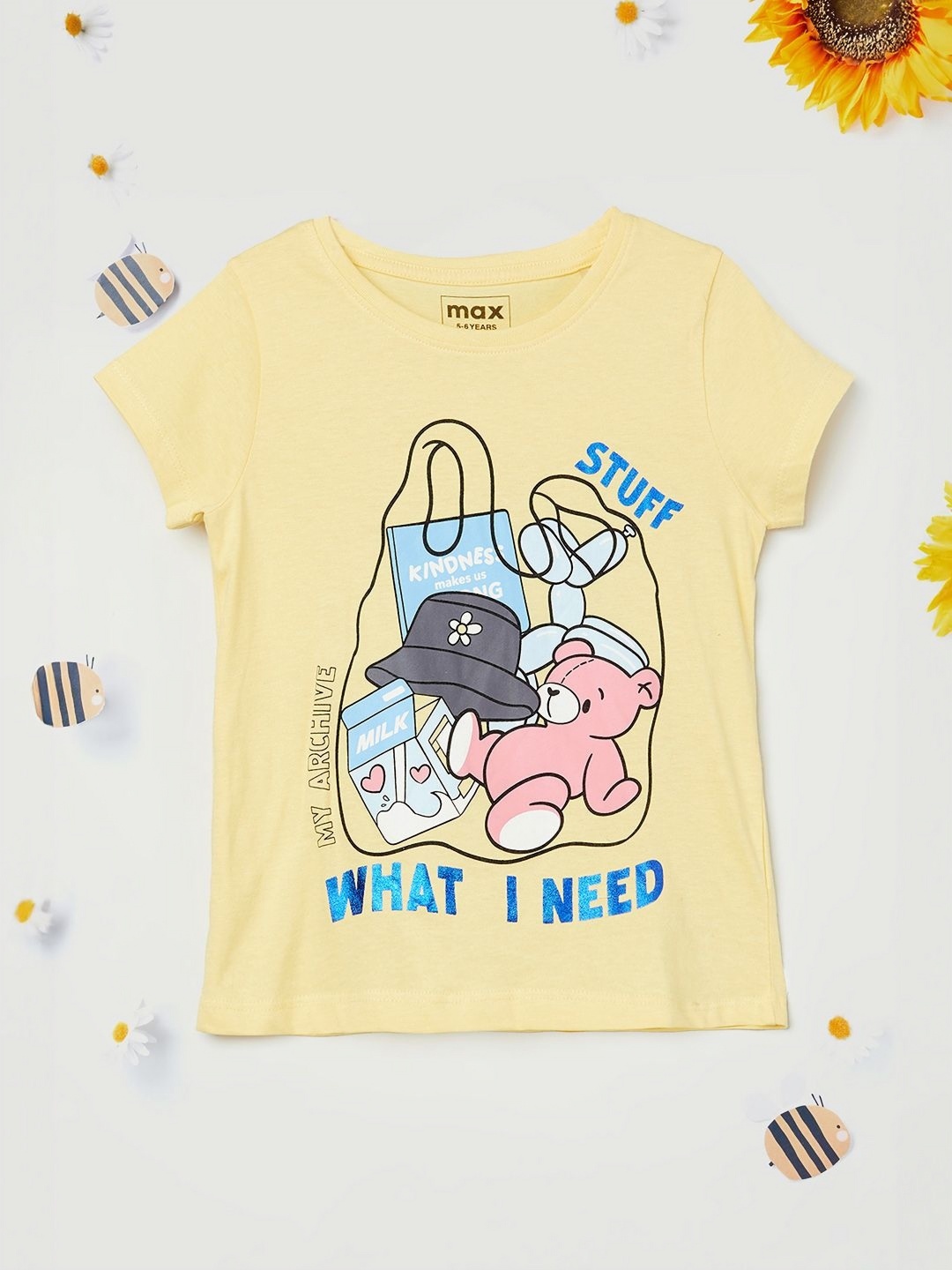 

max Girls Graphic Printed Round Neck Cotton T-shirt, Yellow