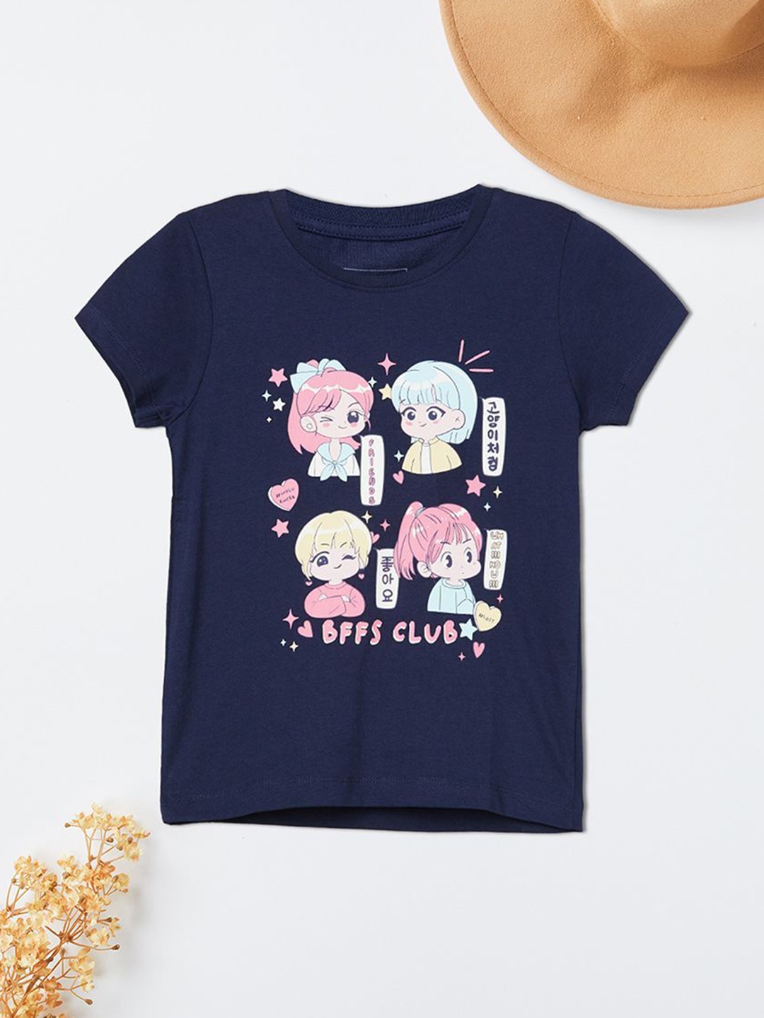 

max Girls Graphic Printed Round Neck Cotton T-shirt, Navy blue