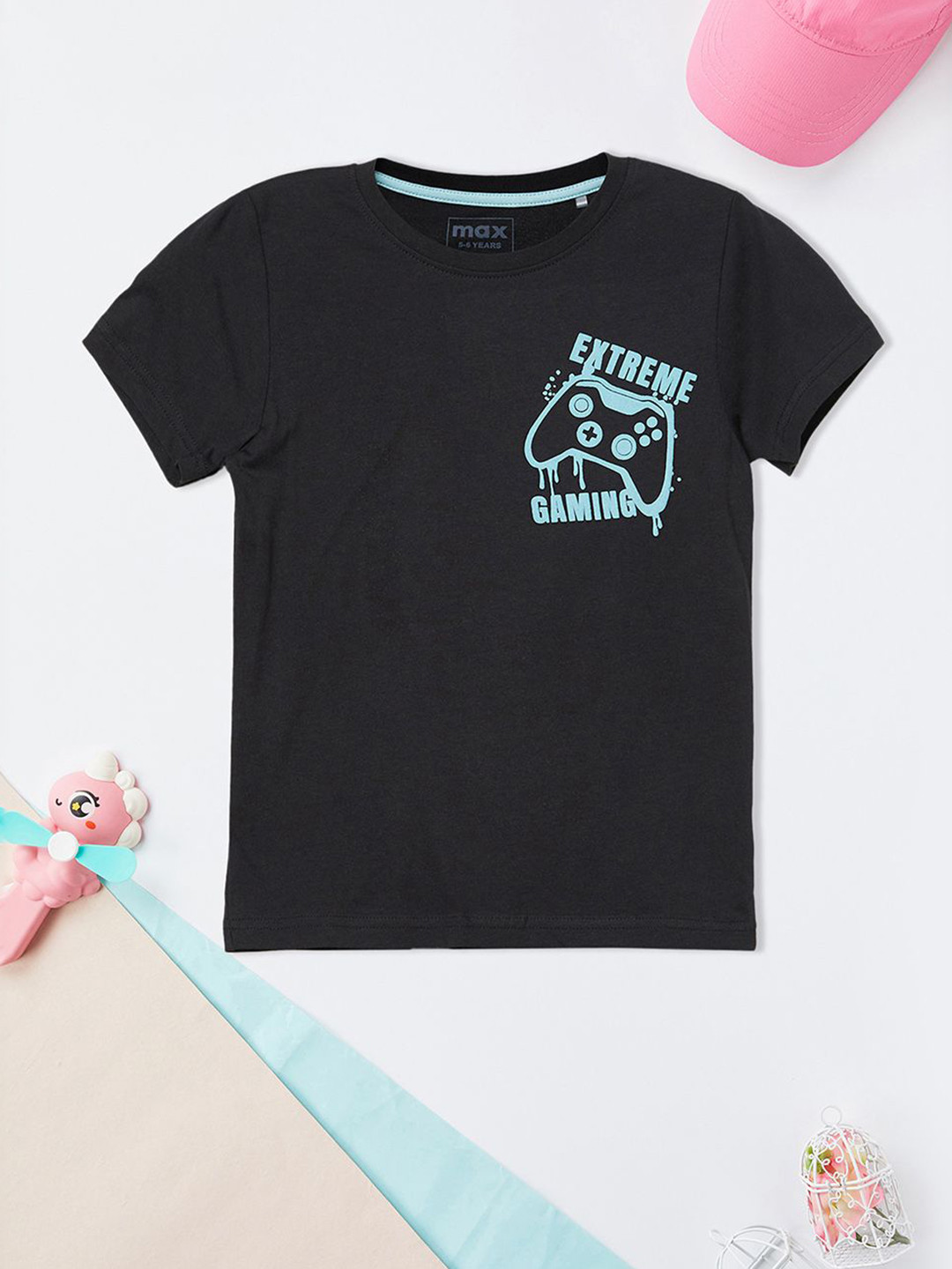 

max Boys Graphic Printed Round Neck Cotton T-shirt, Black