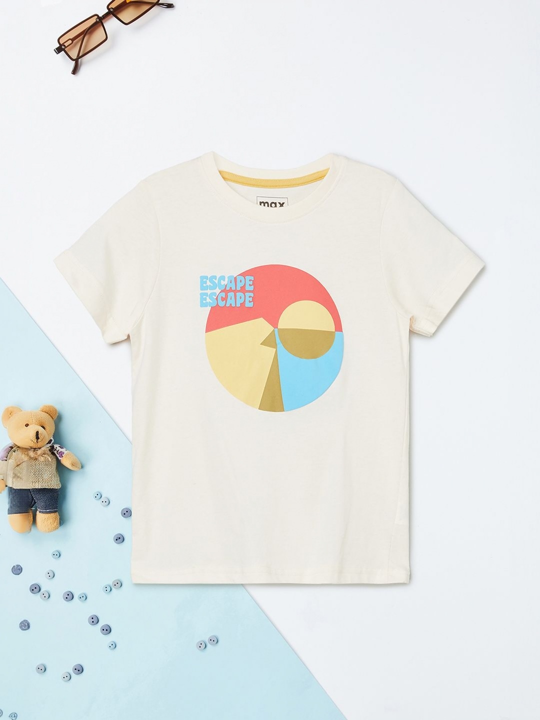 

max Boys Typography Printed Round Neck Cotton T-shirt, Off white