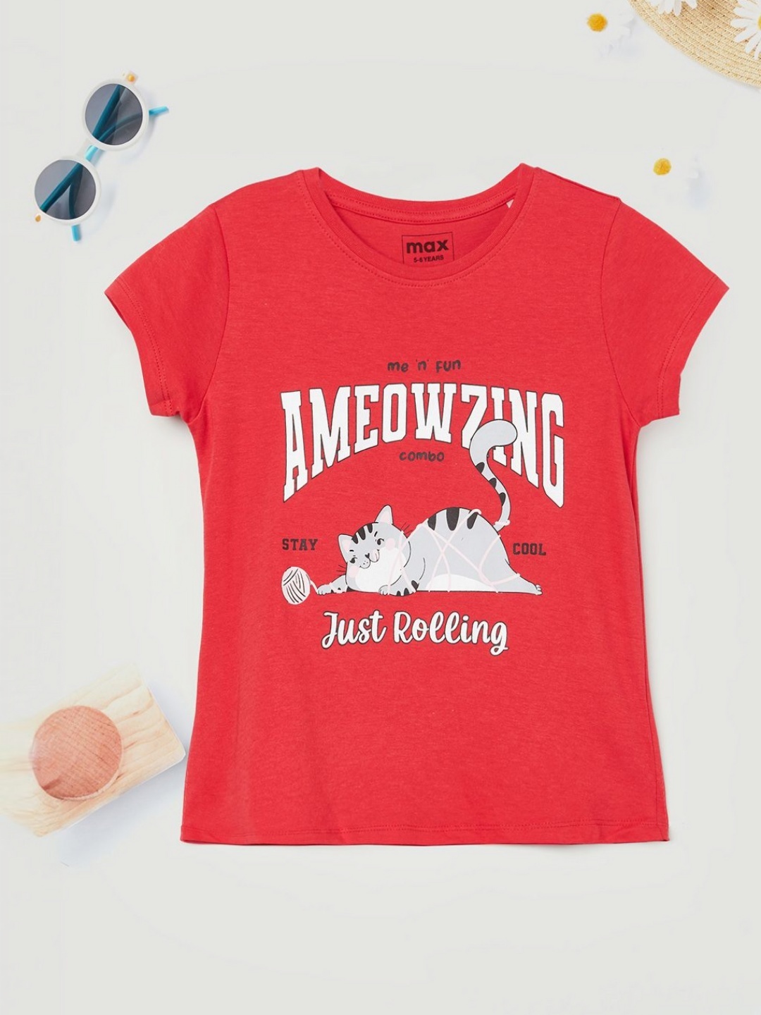 max Girls Typography Printed Round Neck Cotton T-shirt, Red