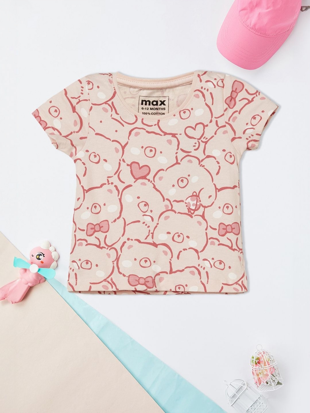 

max Girls Graphic Printed Round Neck Cotton T-shirt, Beige