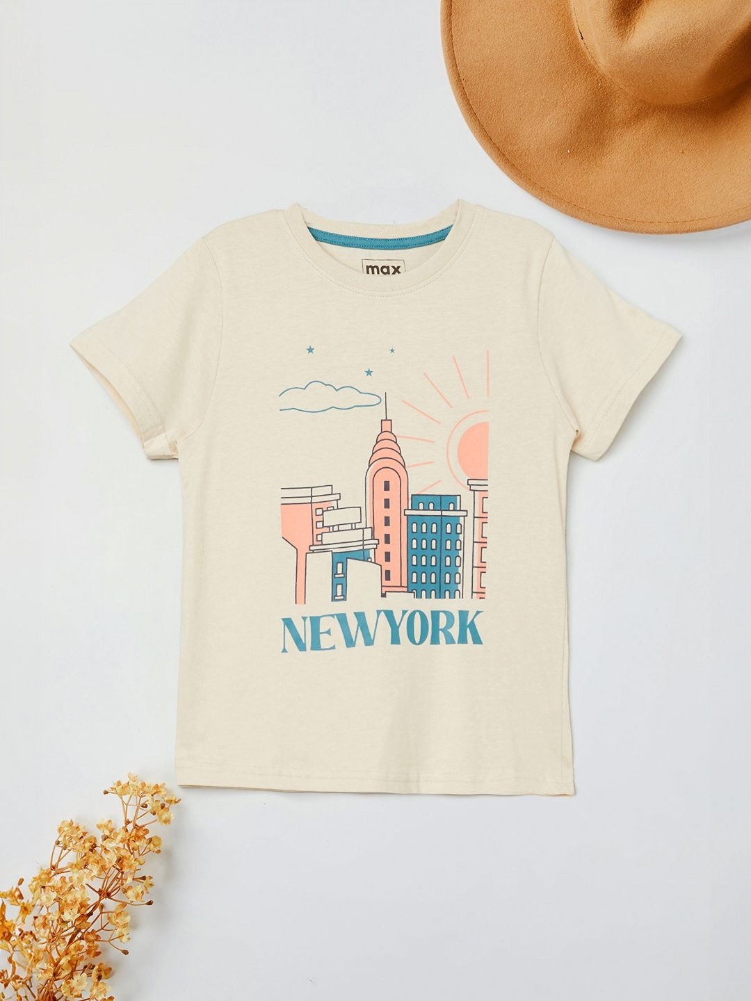 

max Boys Typography Printed Round Neck Cotton T-shirt, Beige