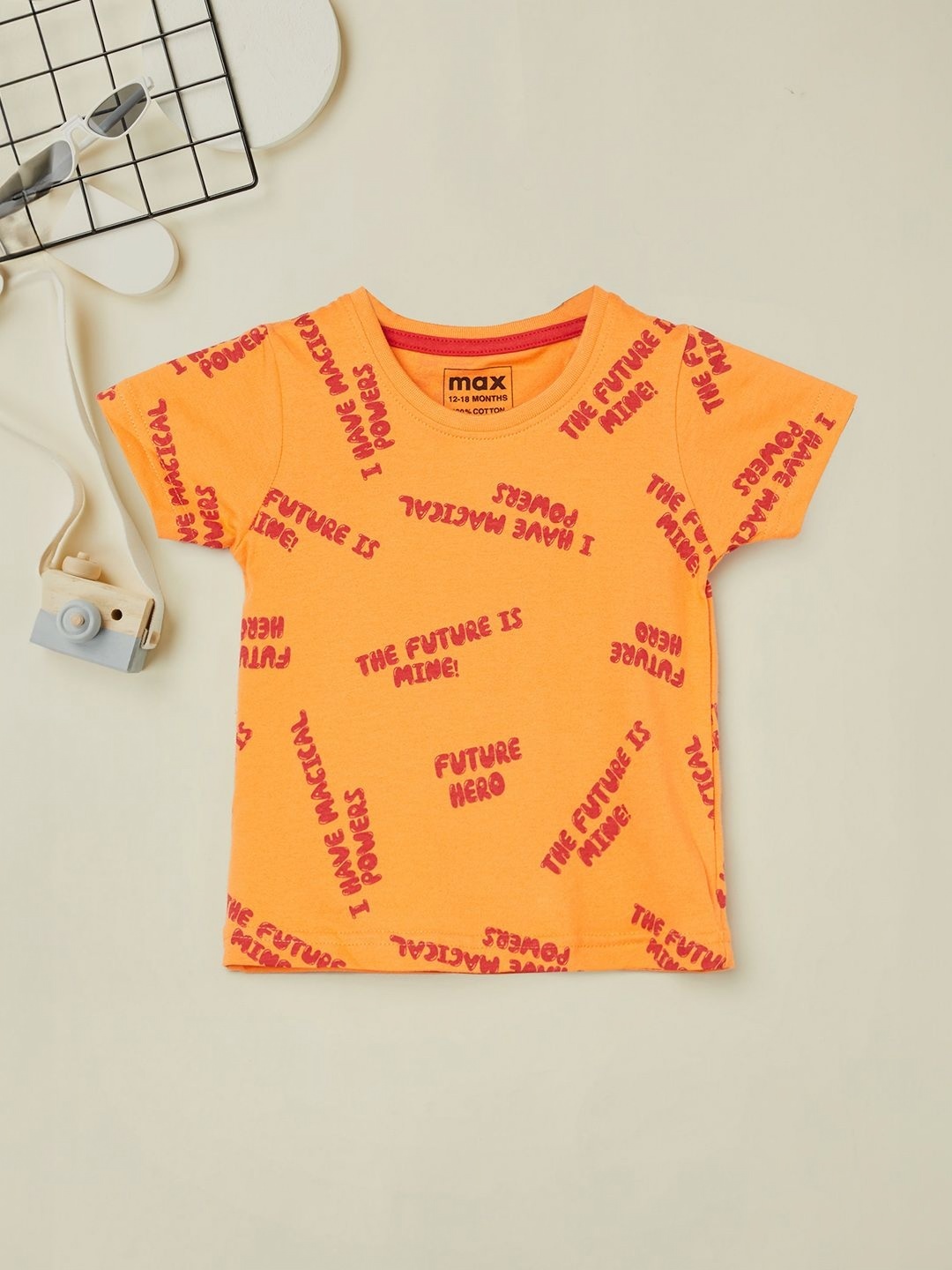 

max Boys Typography Printed Round Neck Cotton T-shirt, Orange