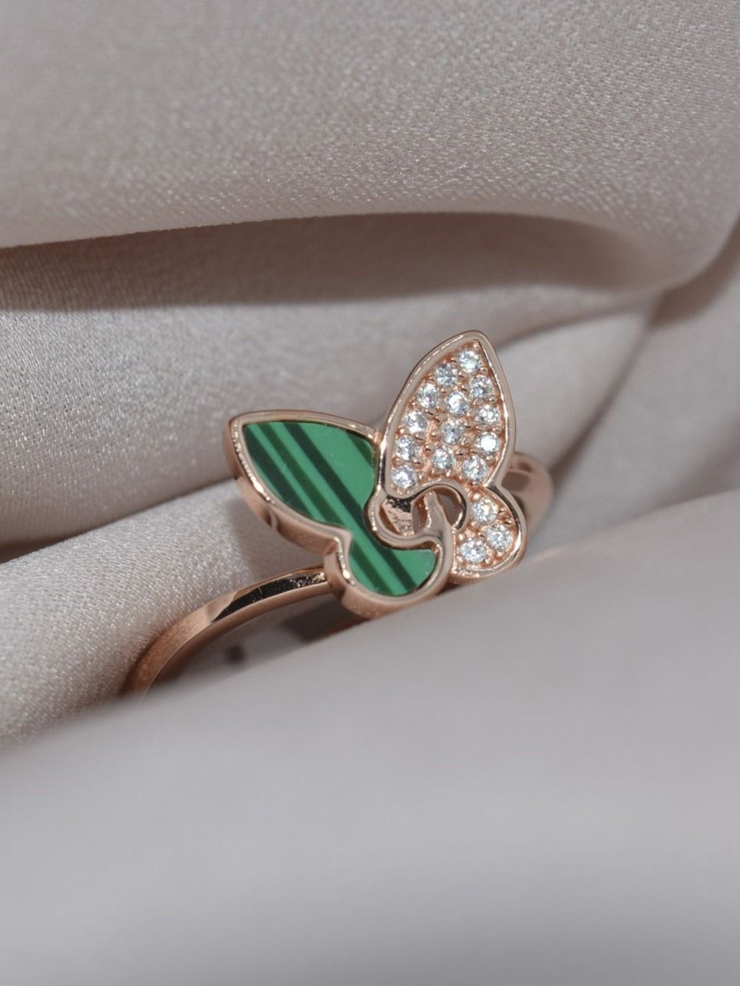 

Luxevogue Enchanted Emerald Butterfly 925 Sterling Silver Rose Gold Plated CZ Studded Ring