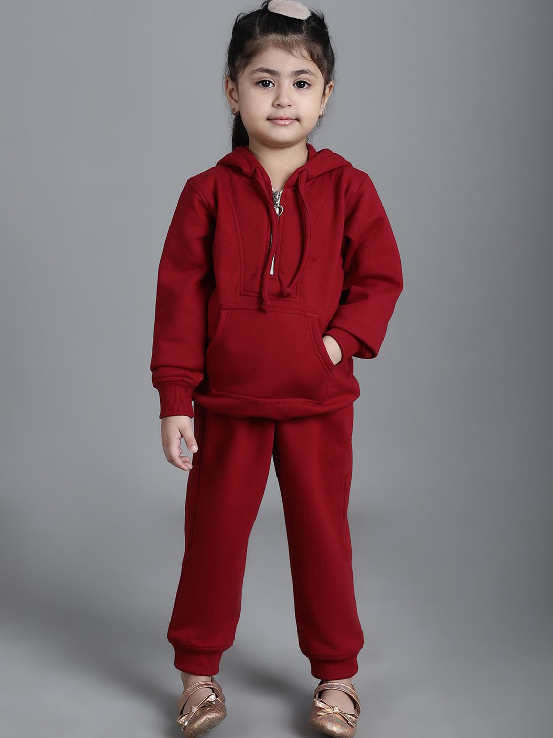MINI & MING Girls Hooded Long Sleeves Sweatshirt With Jogger, Maroon