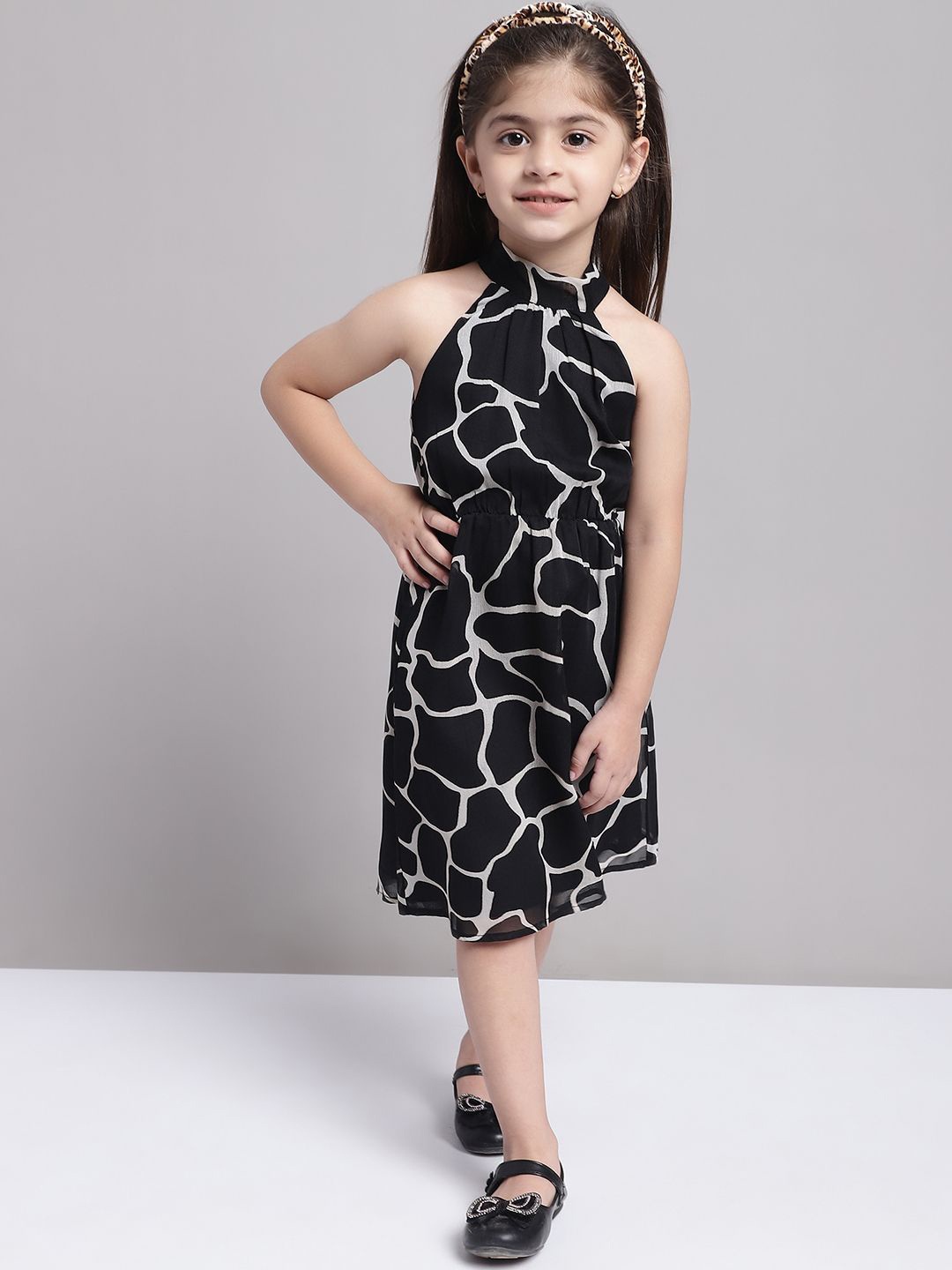 

MINI & MING Girls Animal Print Halter Neck Georgette Fit & Flare Midi Dress, Black
