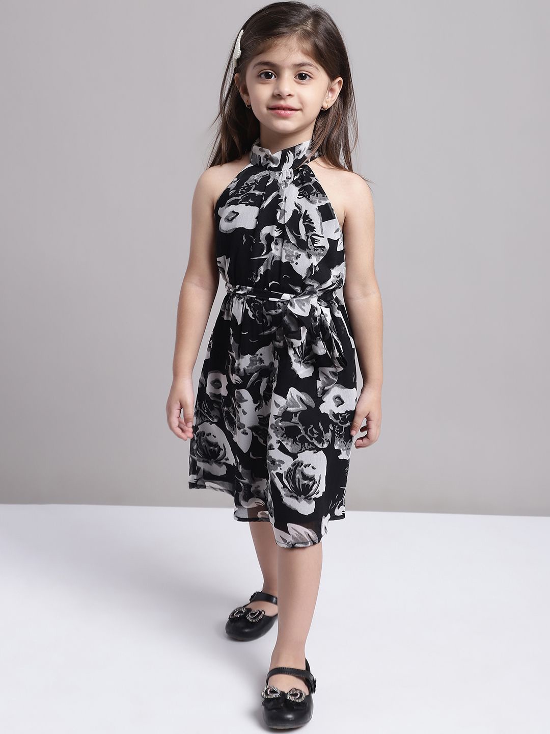 

MINI & MING Girls Floral Printed Halter Neck Fit & Flare Midi Dress, Black