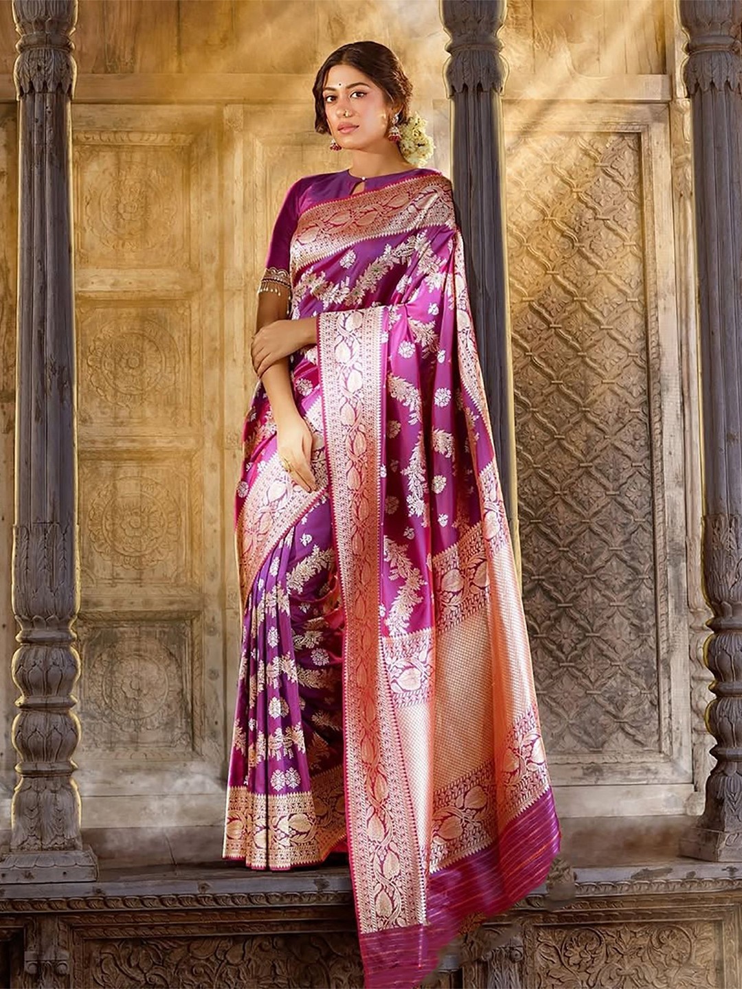 

KALINI Woven Design Zari Banarasi Saree, Pink