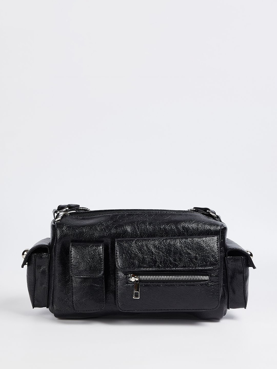 max Women Textured Structured Sling Bag, Black