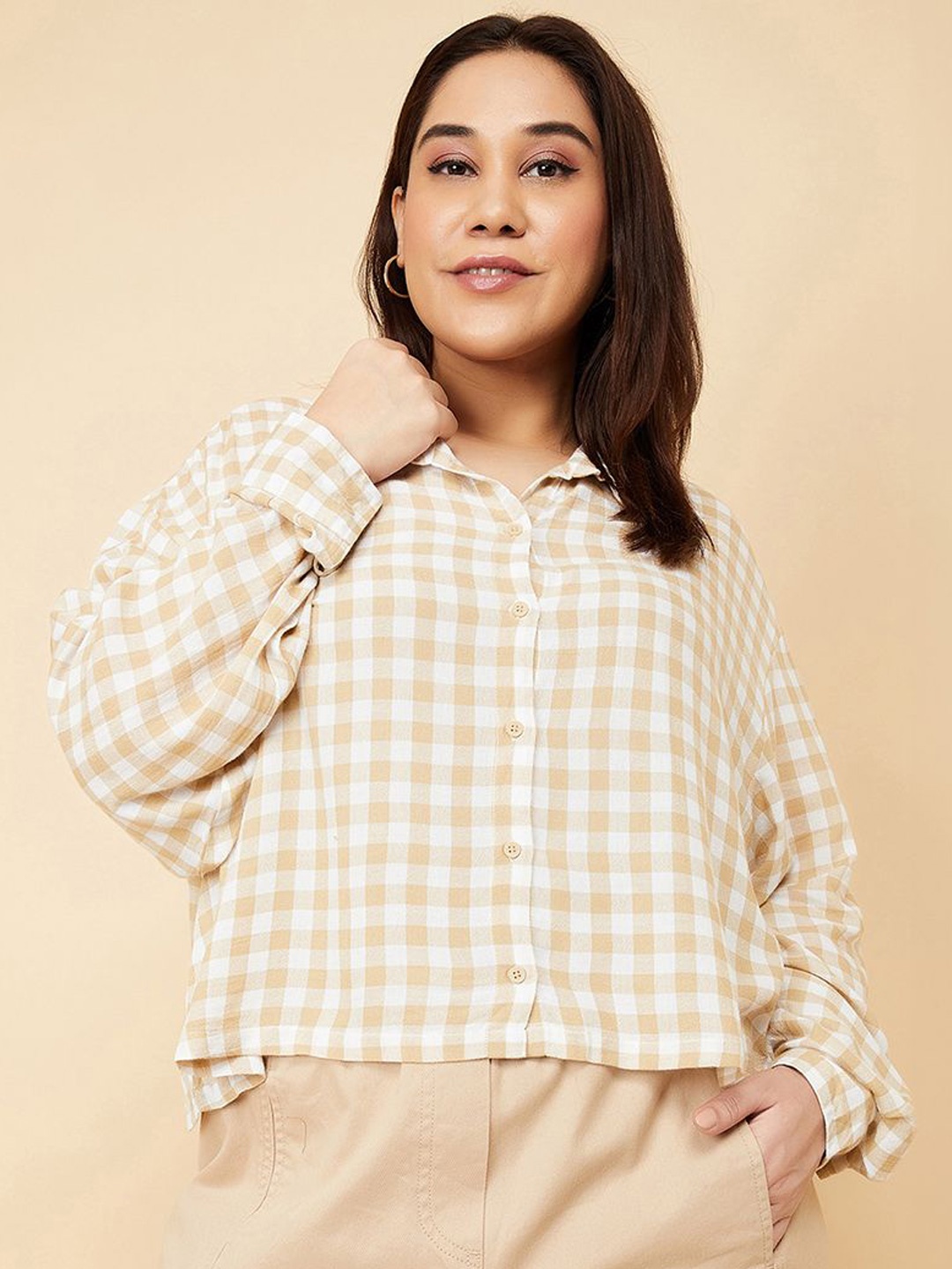 

max Women Plus Size Boxy Fit Spread Collar Gingham Checked Casual Shirt, Beige