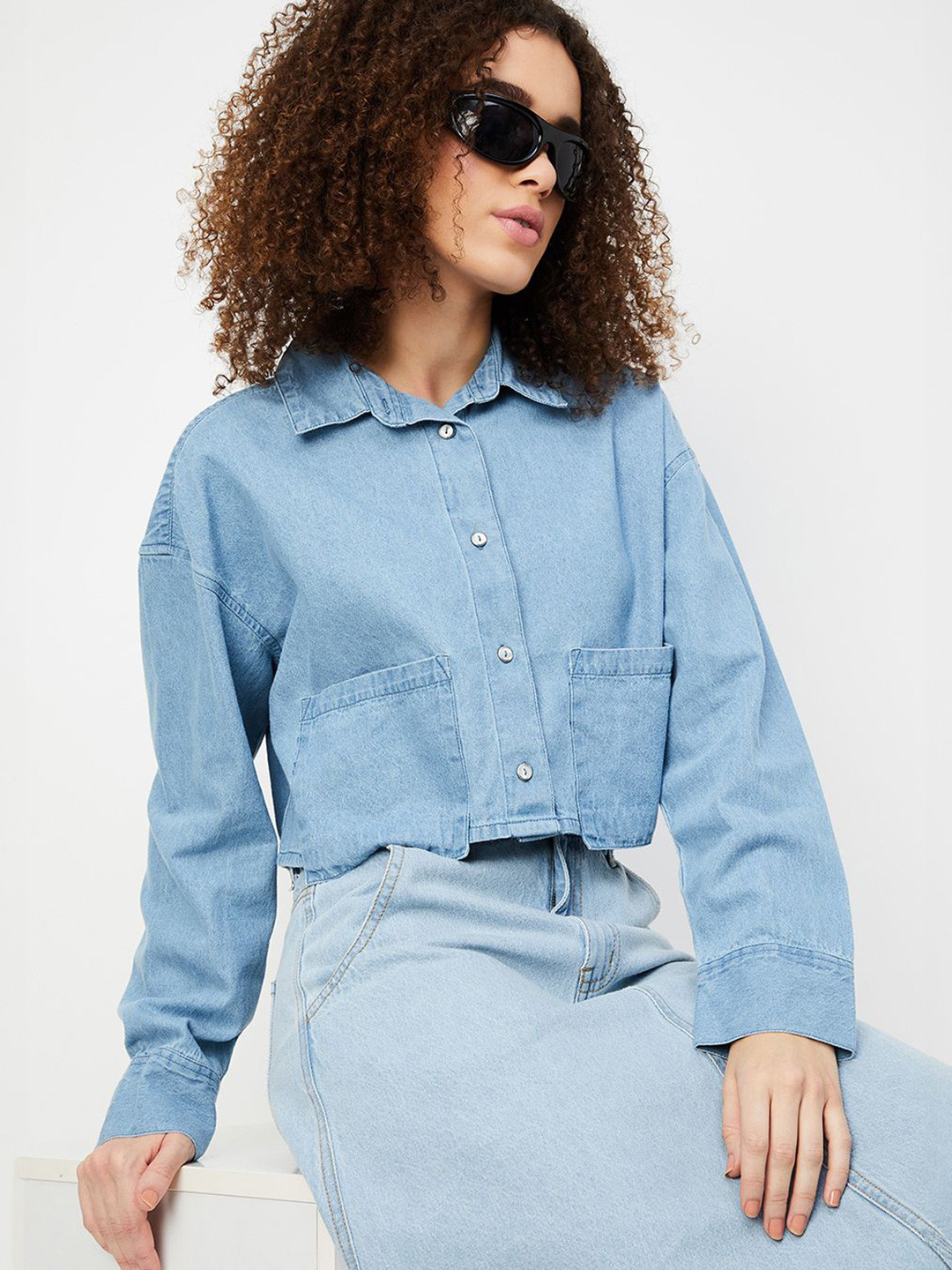 

max Women Boxy Fit Spread Collar Solid Cotton Casual Shirt, Blue