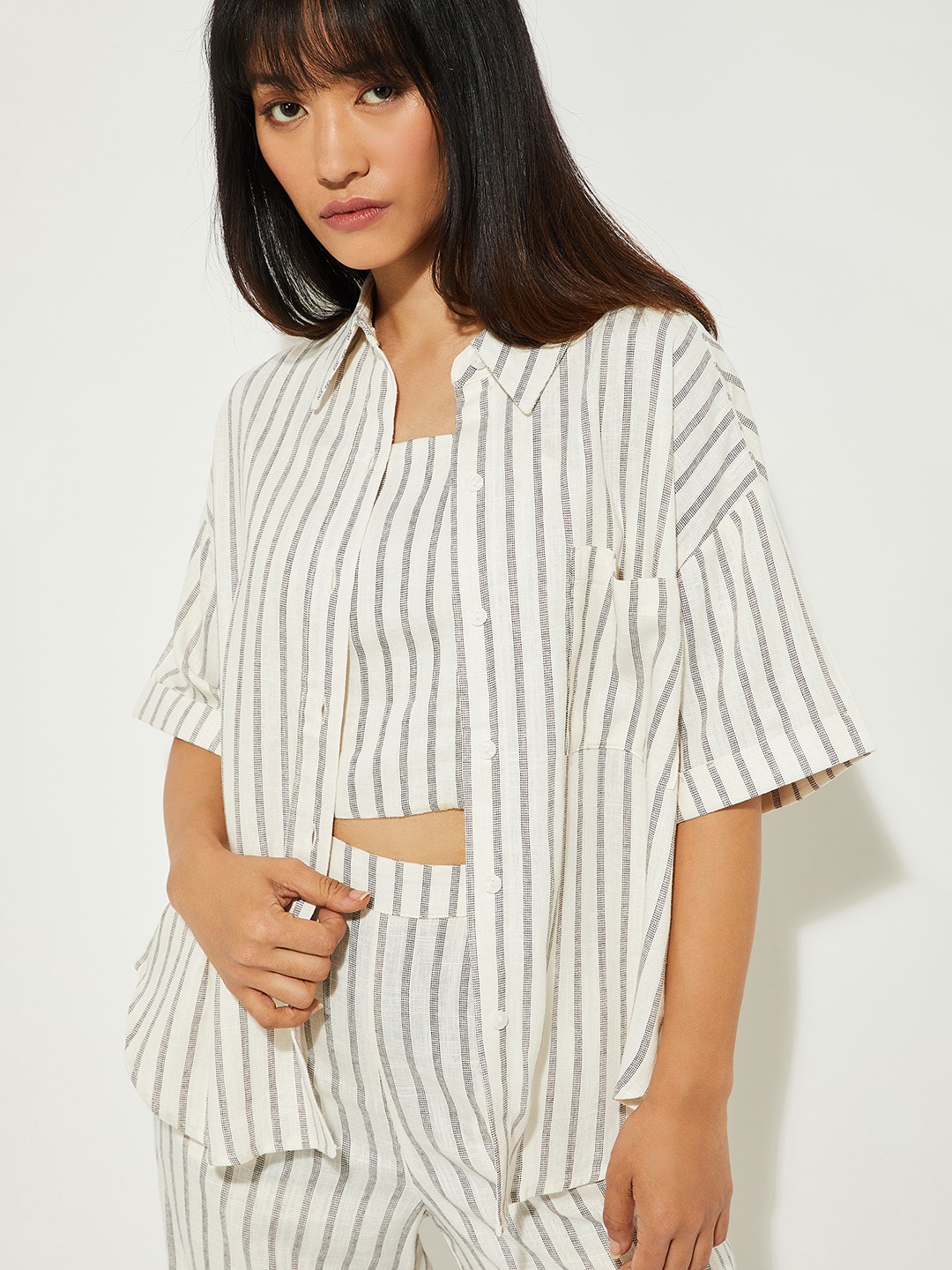 

MAX URB_N Women Embroidered Striped Oversized Shirt, White