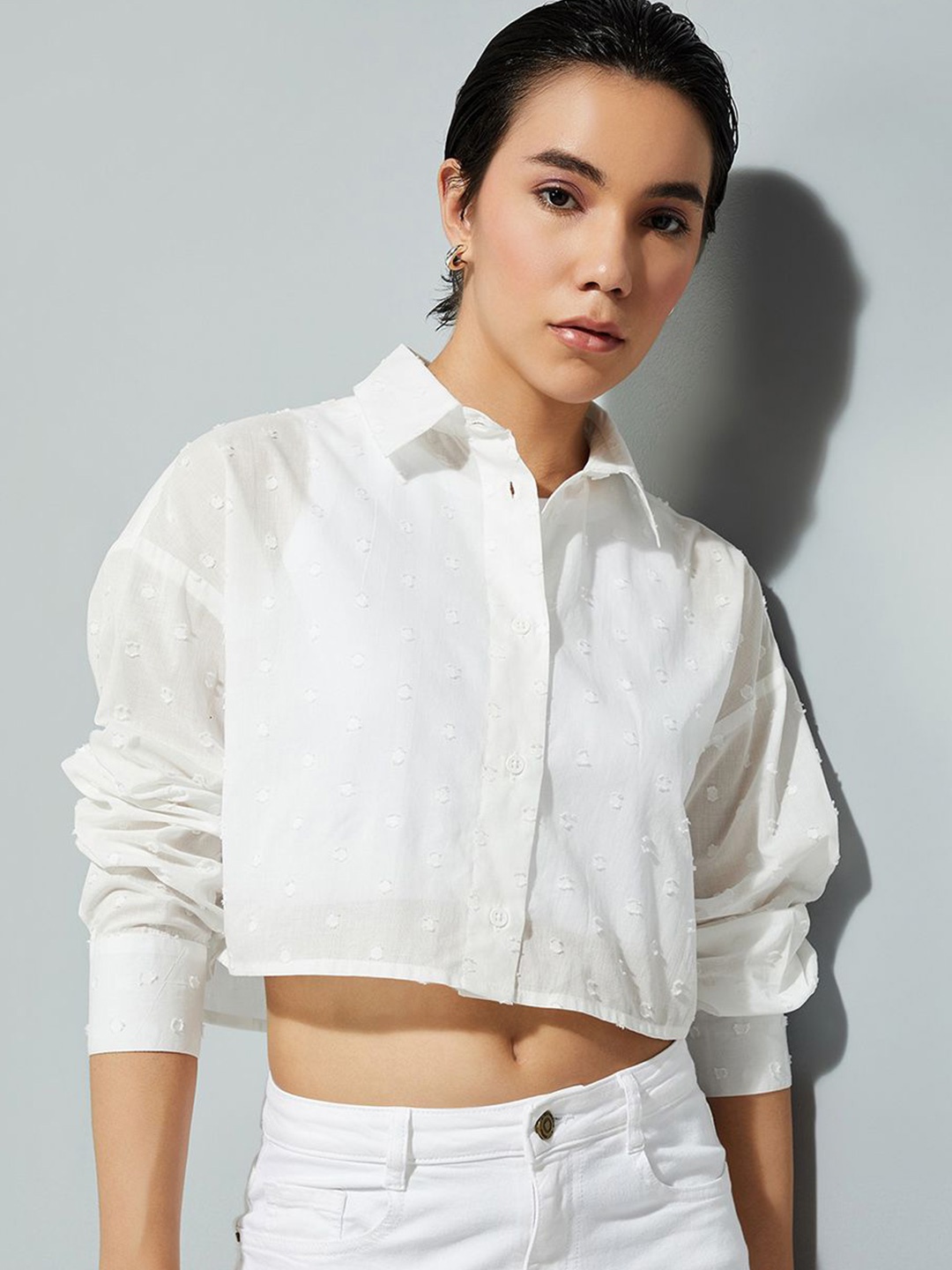 

MAX URB_N Women Dobby Woven Crop Boxy Fit Shirt, White