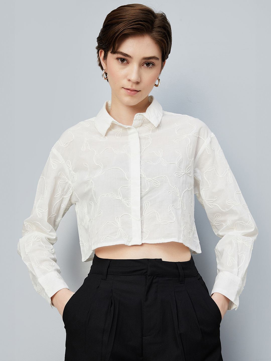 

max Women Boxy Fit Spread Collar Textured Cotton Casual Shirt, White