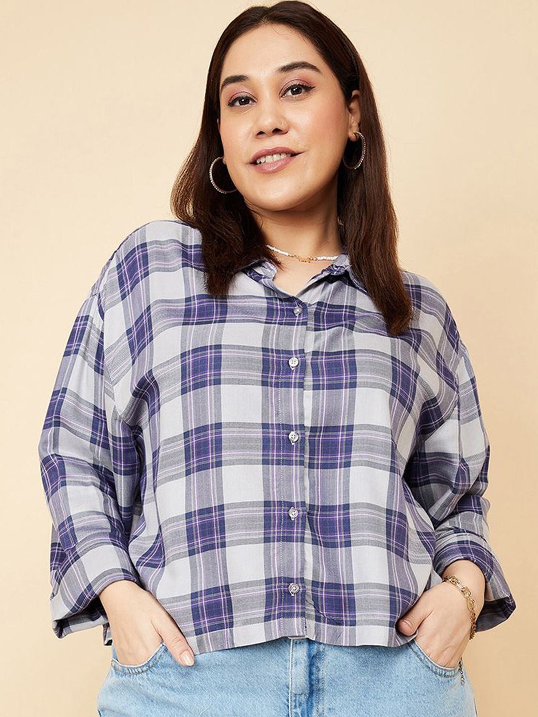 

max Women Plus Size Boxy Fit Spread Collar Tartan Checked Casual Shirt, Navy blue