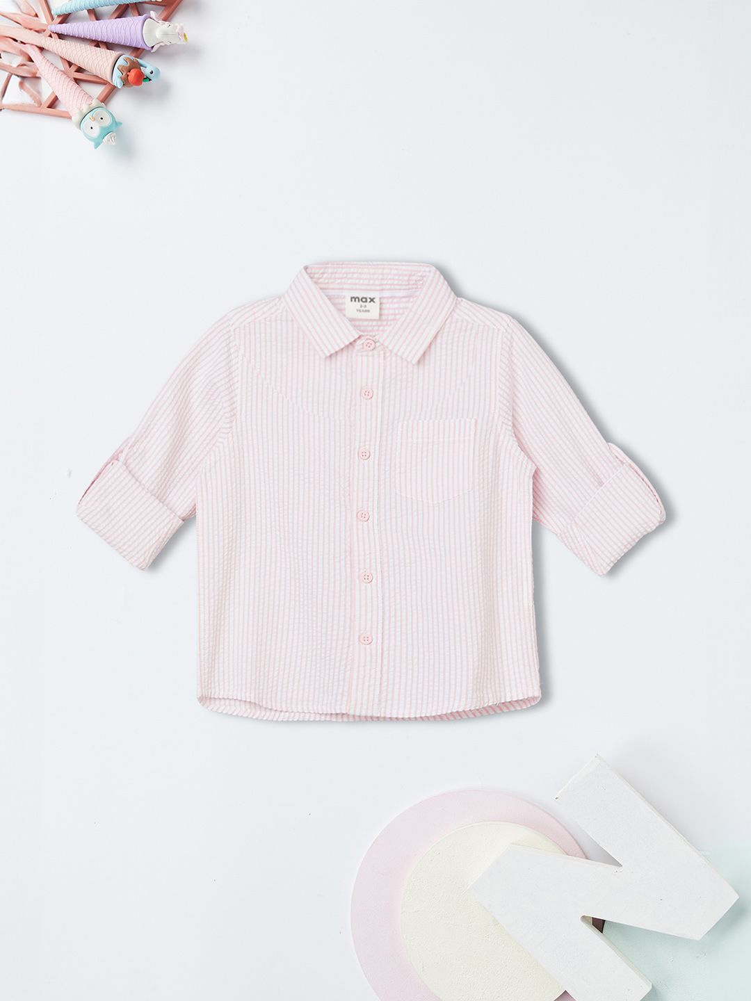 

max Boys Spread Collar Vertical Striped Cotton Casual Shirt, Pink