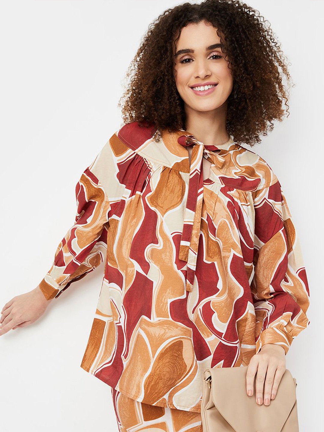 

max Women Printed Tie-Up Neck Pure Cotton High-Low Longline Top, Multi