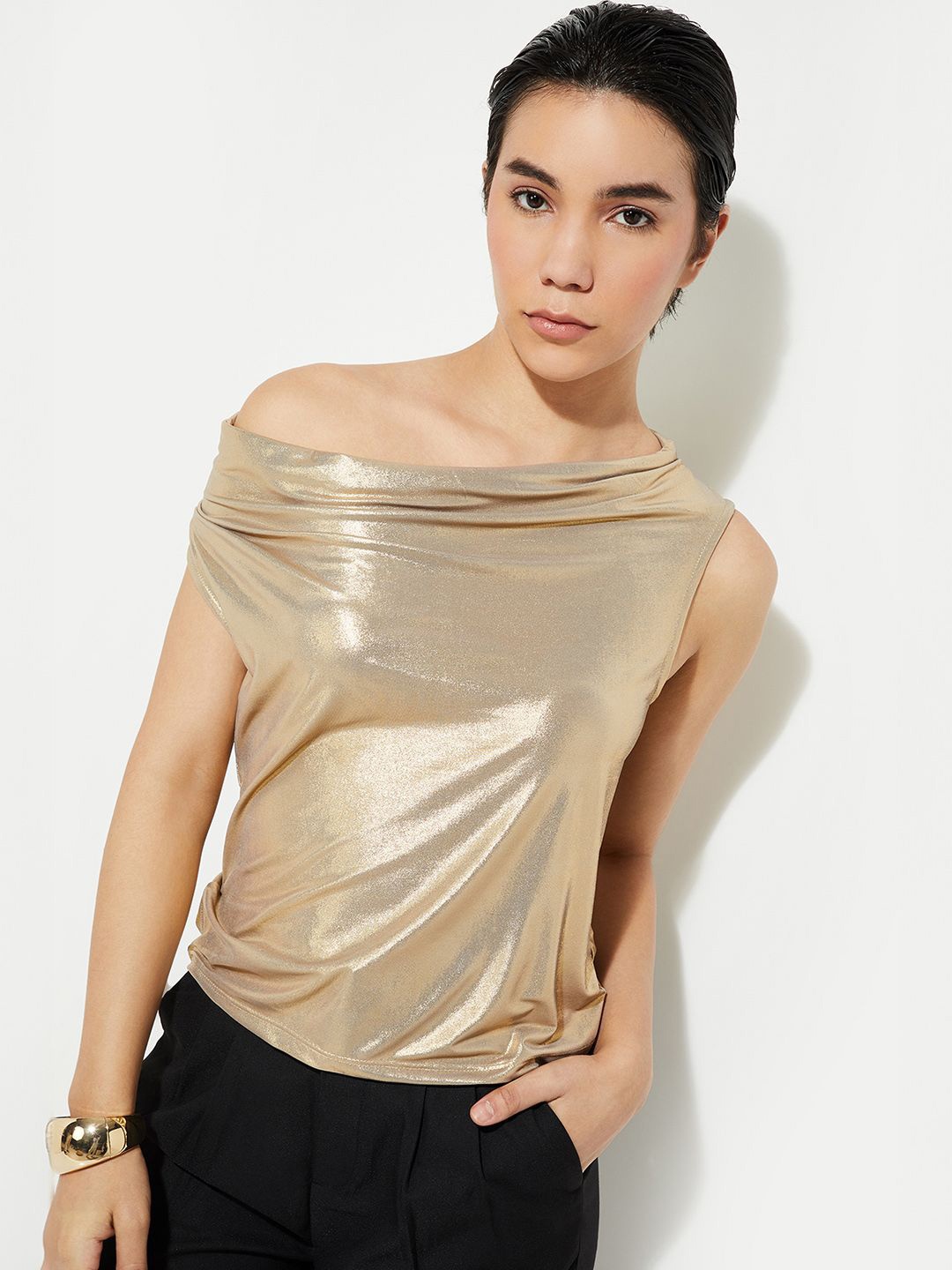 

MAX URB_N Women Metallic Sleeveless Top, Gold