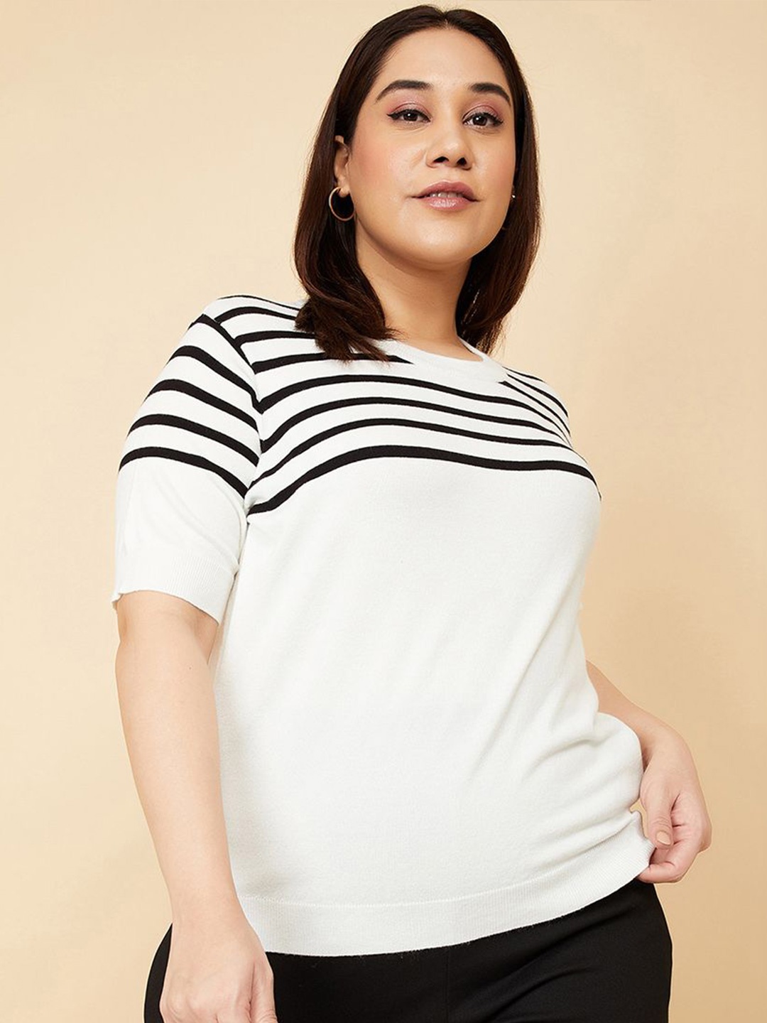 

max Women Striped Cuffed Sleeves Top, White