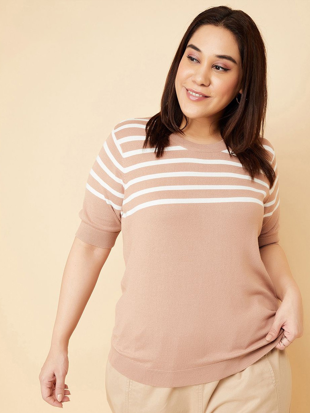 

max Women Striped Cuffed Sleeves Top, Beige