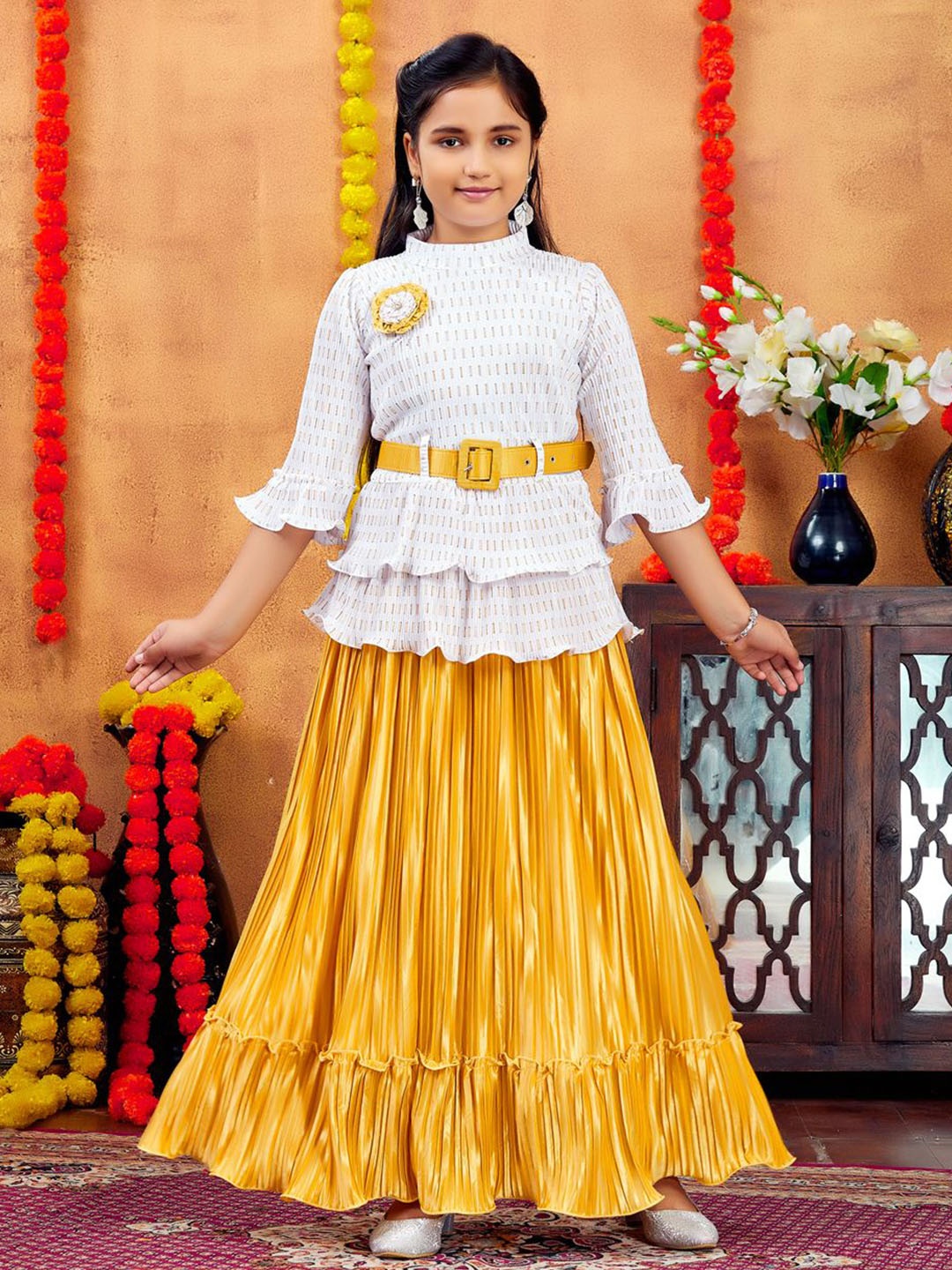

BAESD Girls Printed Ready to Wear Lehenga With Blouse With Belt, Beige