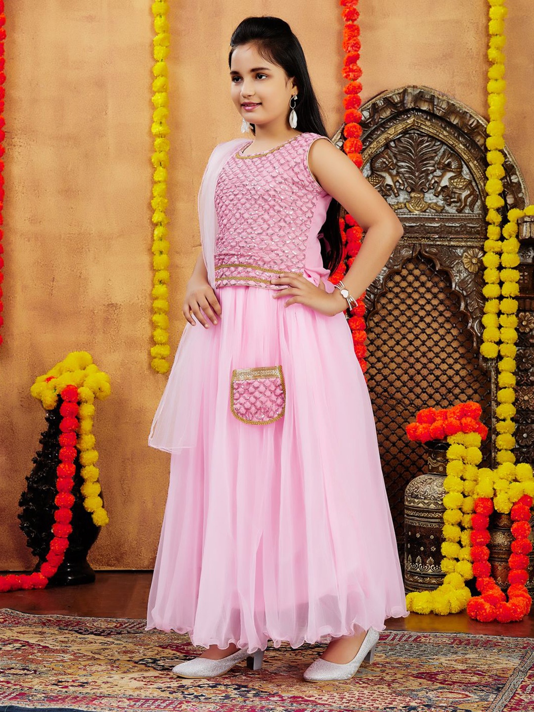 

BAESD Girls Embellished Sequinned Ready to Wear Lehenga & Blouse With Dupatta, Pink