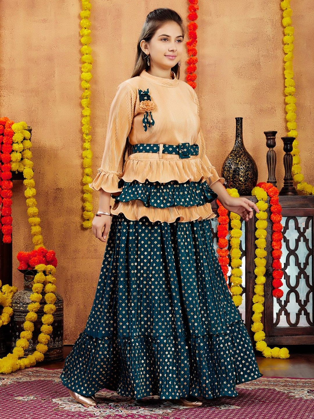 

BAESD Girls Ready to Wear Lehenga With Blouse With Belt, Beige
