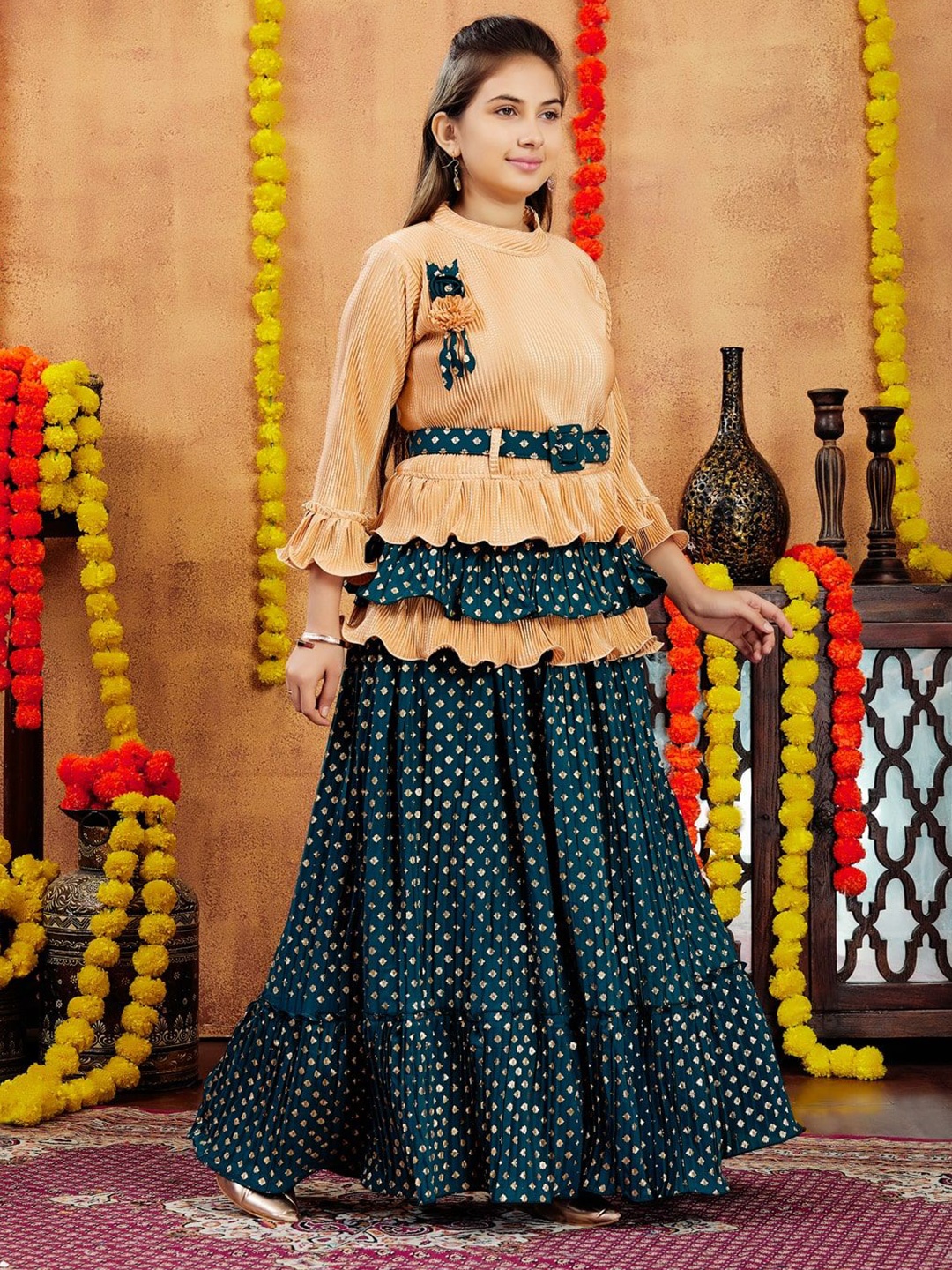 

BAESD Girls Ready to Wear Lehenga With Blouse With Belt, Beige