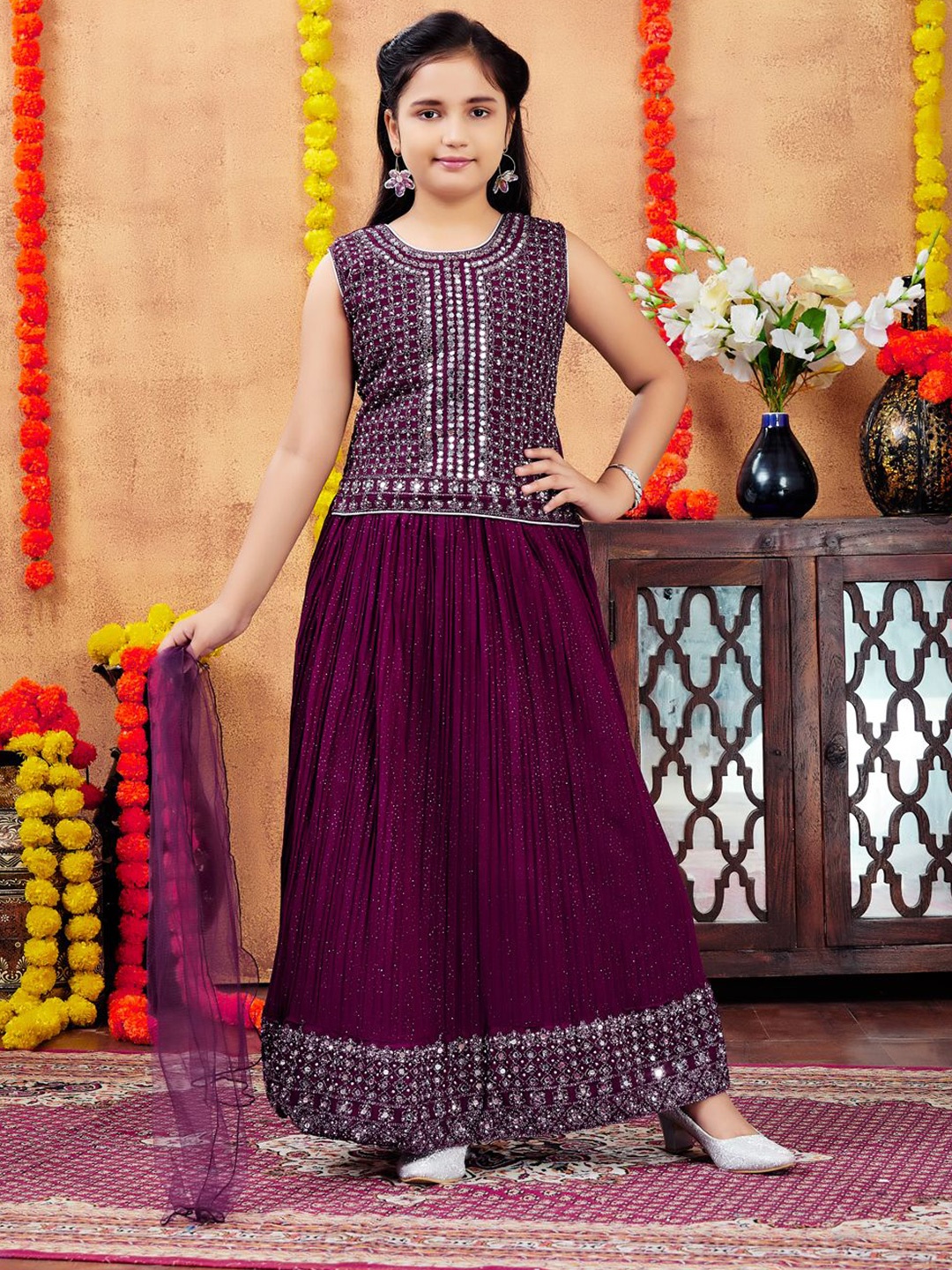 

BAESD Girls Embellished Mirror Work Ready to Wear Lehenga & Blouse With Dupatta, Purple