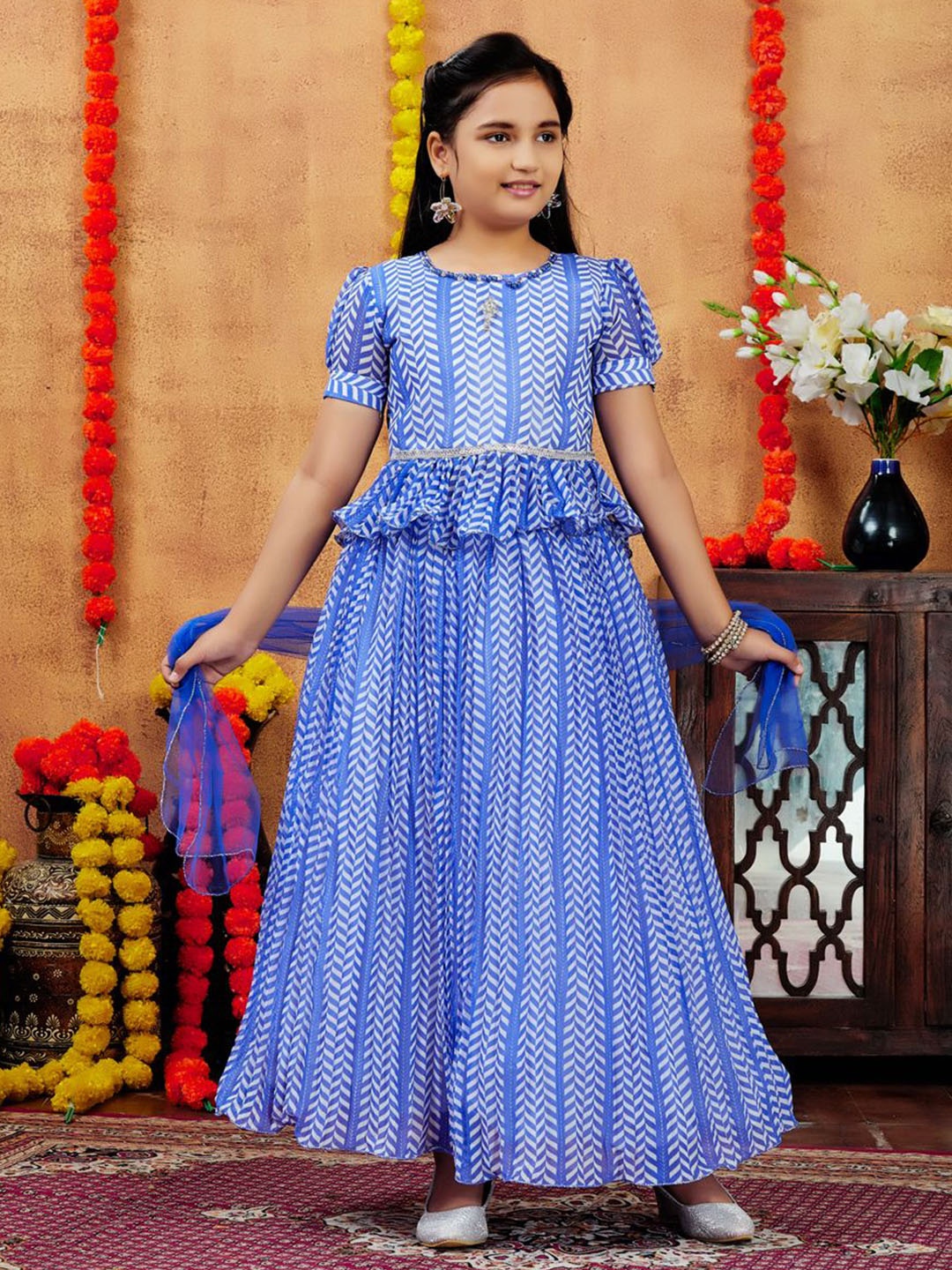 

BAESD Girls Printed Pure Georgette Ready to Wear Lehenga & Blouse With Dupatta, Blue