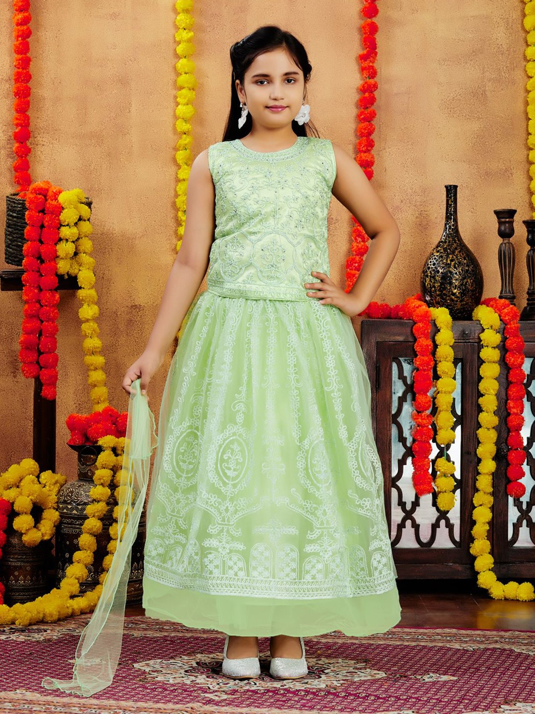 

BAESD Girls Embellished Beads and Stones Ready to Wear Lehenga & Blouse With Dupatta, Sea green