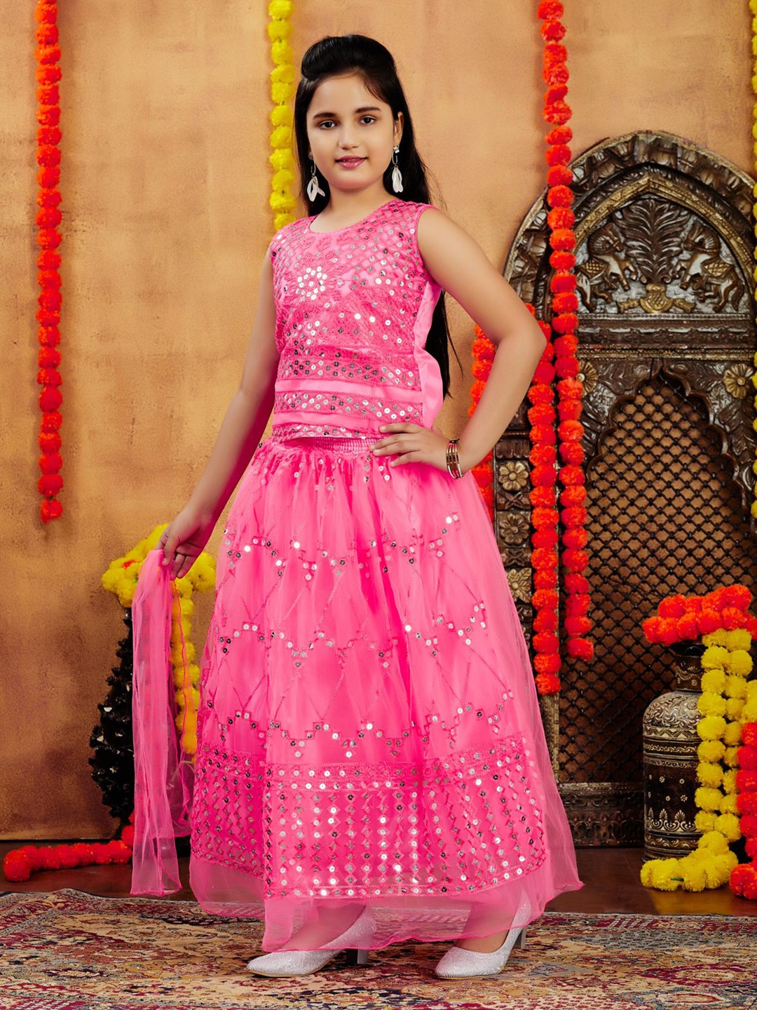 

BAESD Girls Embellished Sequinned Ready to Wear Lehenga & Blouse With Dupatta, Pink