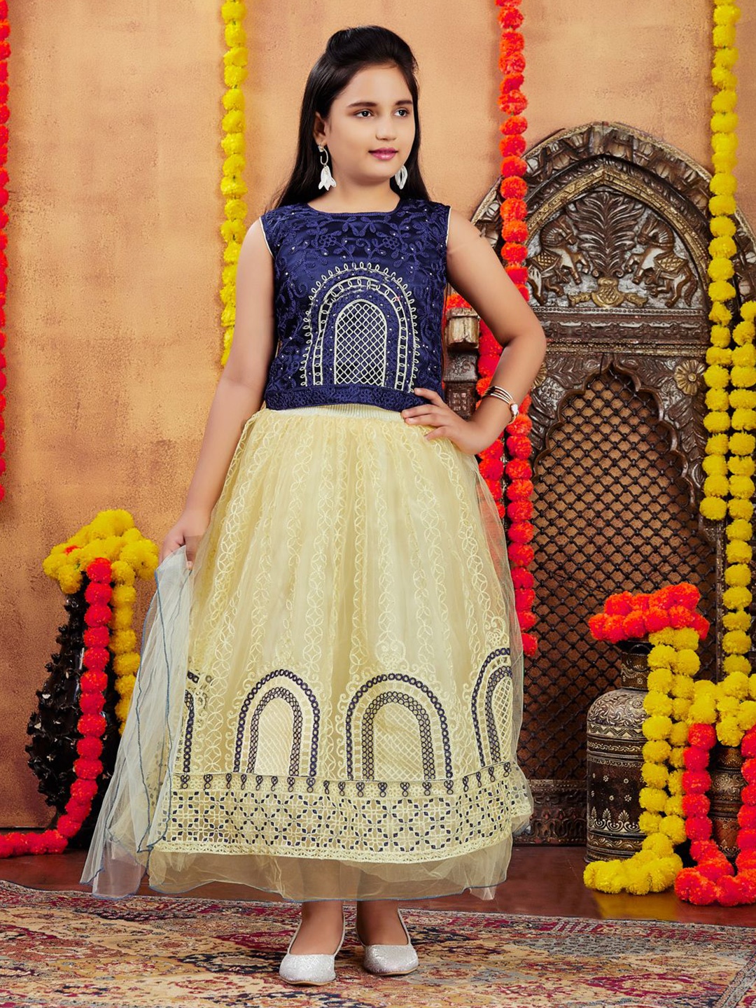 

BAESD Girls Embellished Sequinned Ready to Wear Lehenga & Blouse With Dupatta, Navy blue