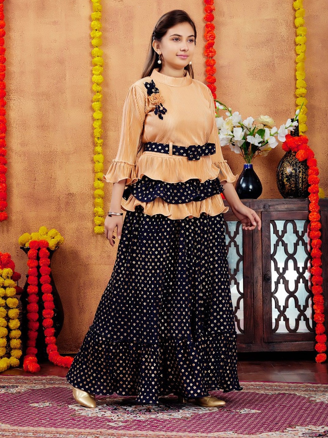 

BAESD Girls Printed Bell Sleeves Ready to Wear Lehenga & Blouse With Dupatta, Beige