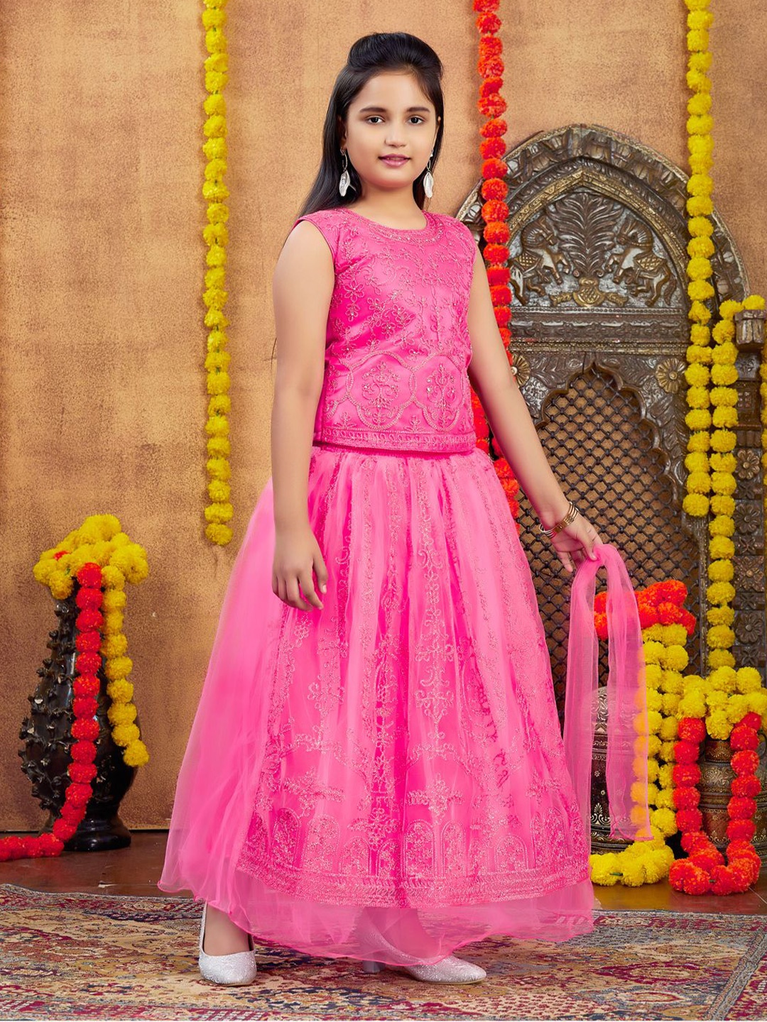 

BAESD Girls Embellished Beads and Stones Ready to Wear Lehenga & Blouse With Dupatta, Pink