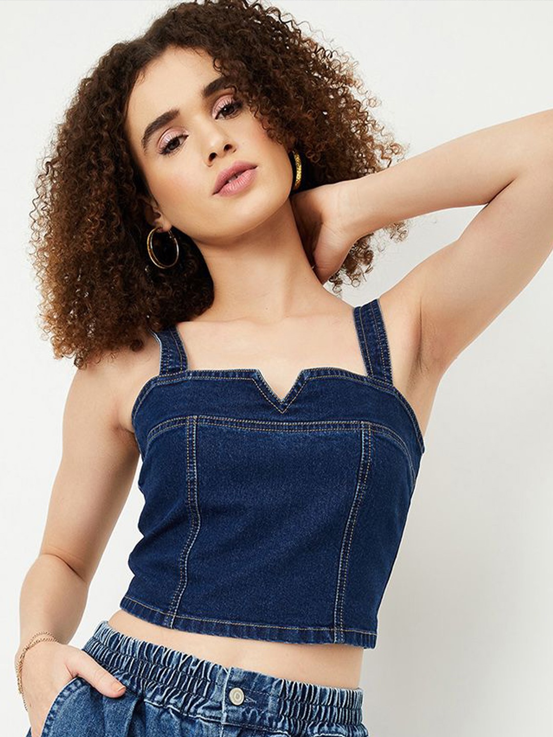 

max Women Self Design Shoulder Strap Crop Top, Blue