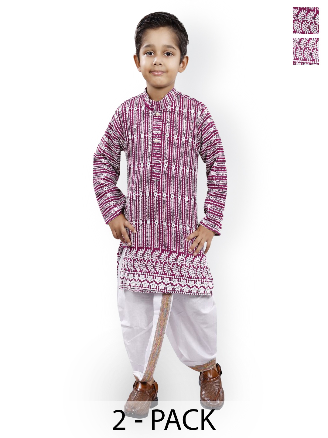 

BAESD Boys Selection Of 2 Floral Embroidered Regular Thread Work Kurta with Dhoti Pants, Purple