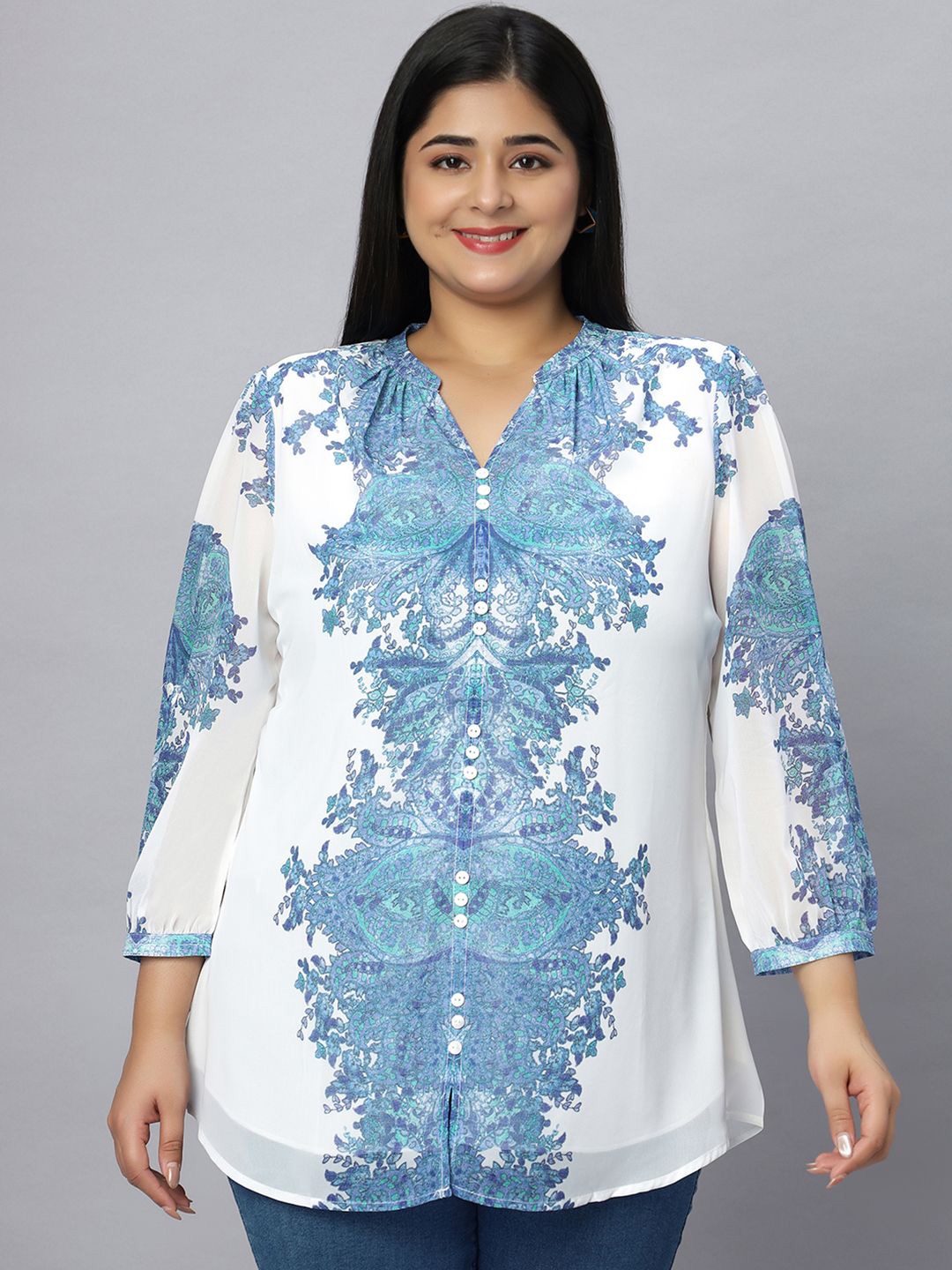 

Presence Women Plus Size Floral Printed Shirt Style Top, White