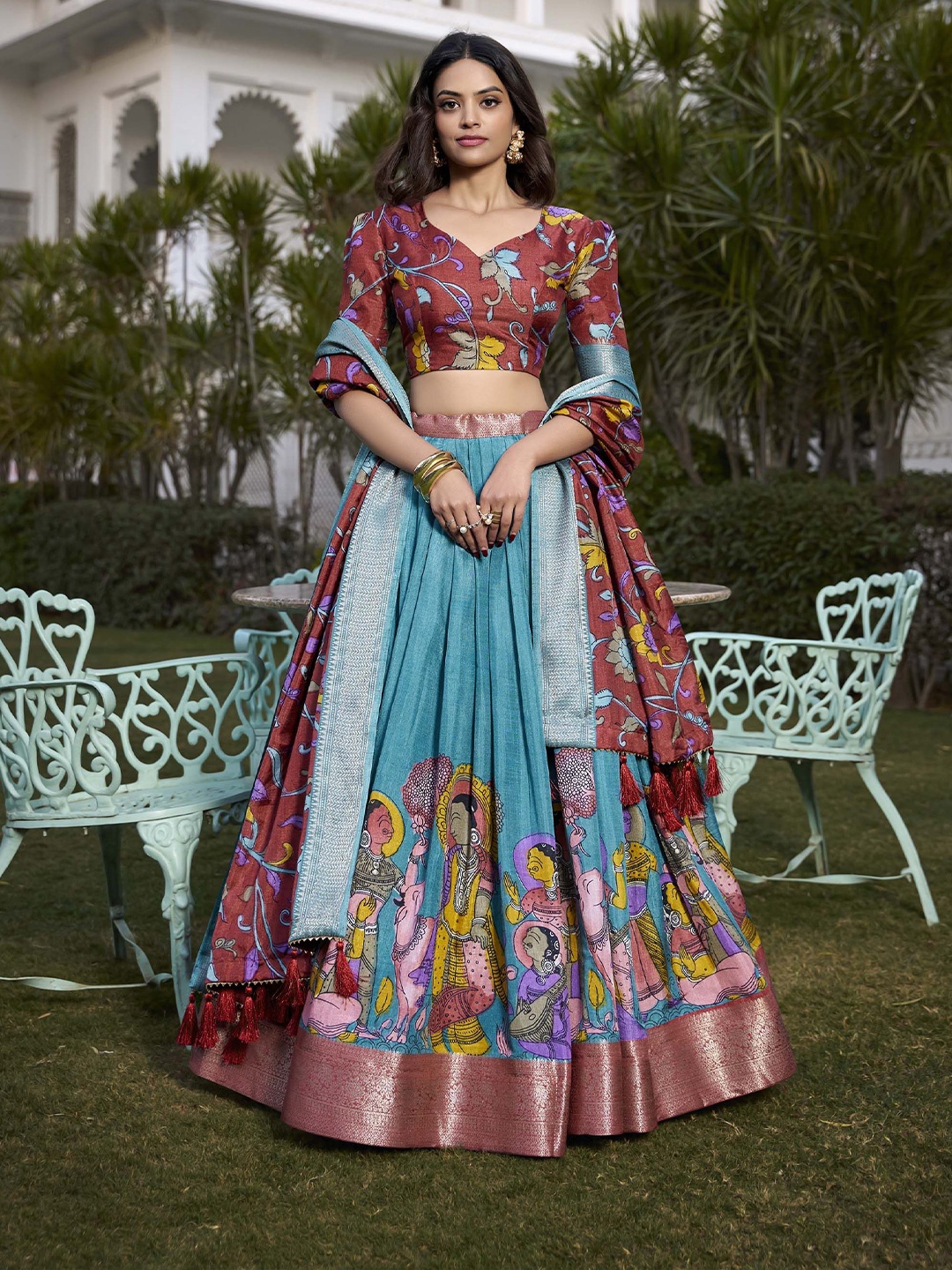 

LOOKNBOOK ART Kalamkari Printed Ready to Wear Lehenga & Unstitched Blouse With Dupatta, Teal