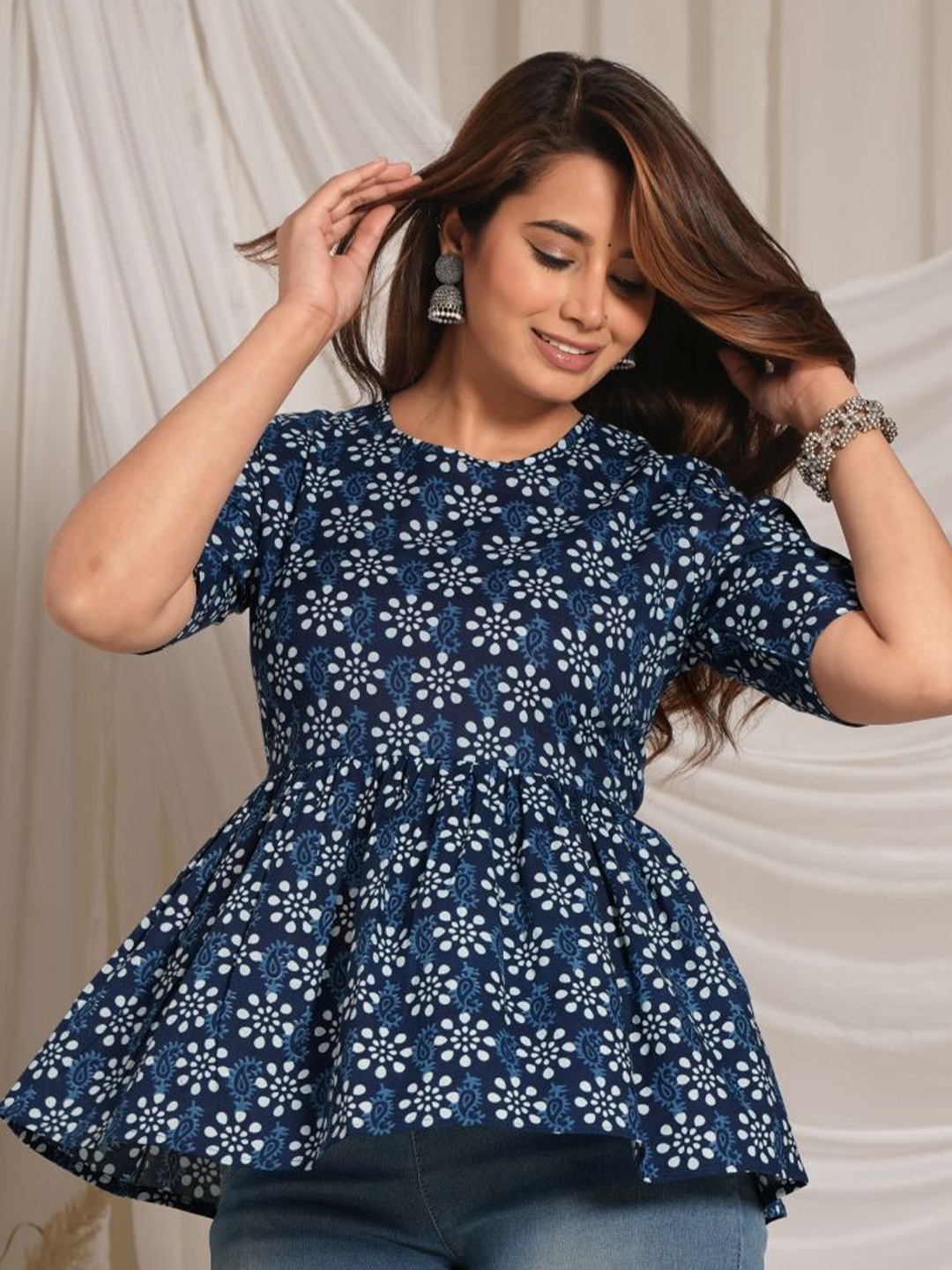 

Mehsoos Women Floral Printed Cotton Peplum Top, Blue