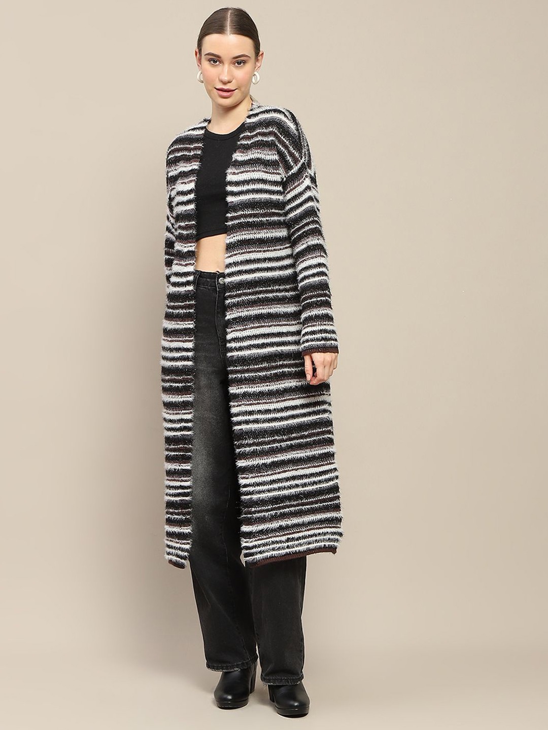 

Madame Striped Open-Front Long Sleeves Longline Shrug, Black